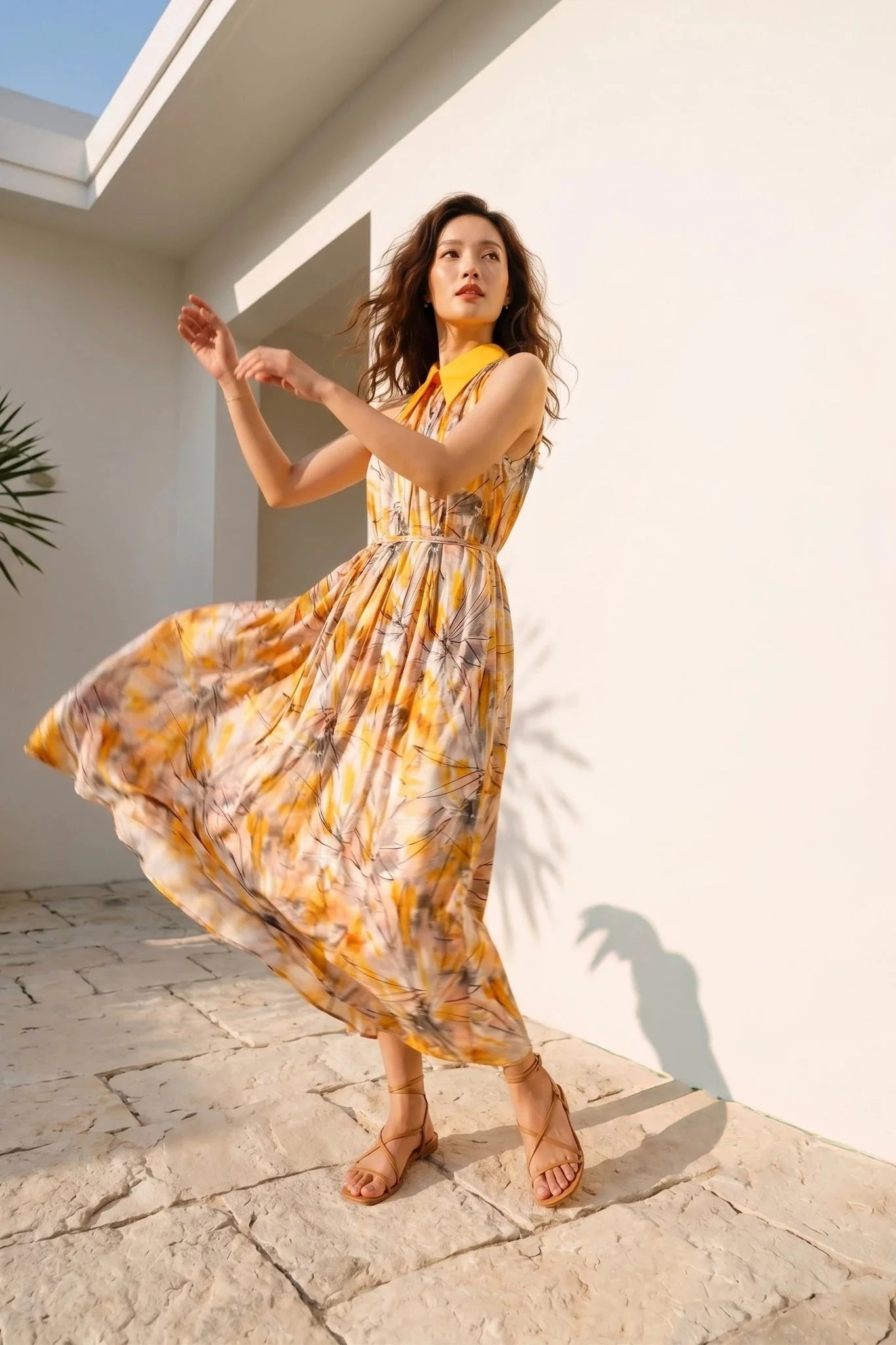 Sunflower Print Maxi Dress for Women — Shirt Collar Style - gallery