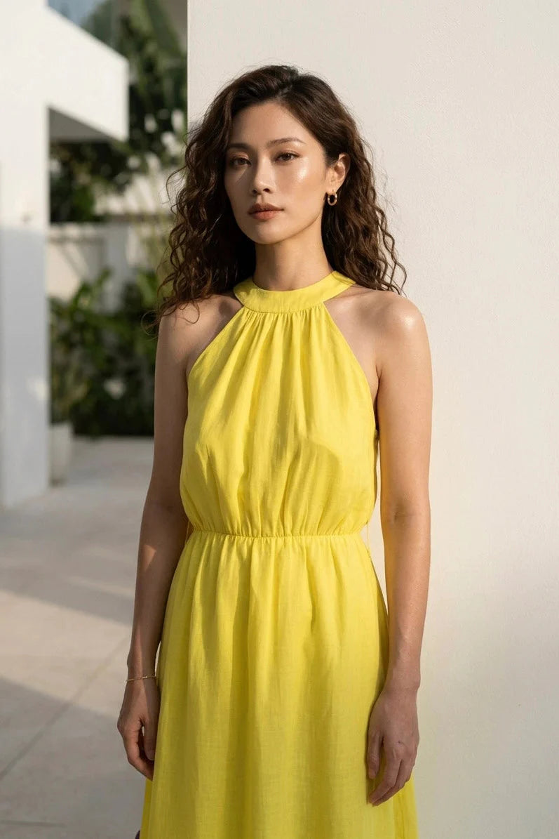 Linen Halter-Neck Maxi Dress for Women — Flowing Airy Style - gallery