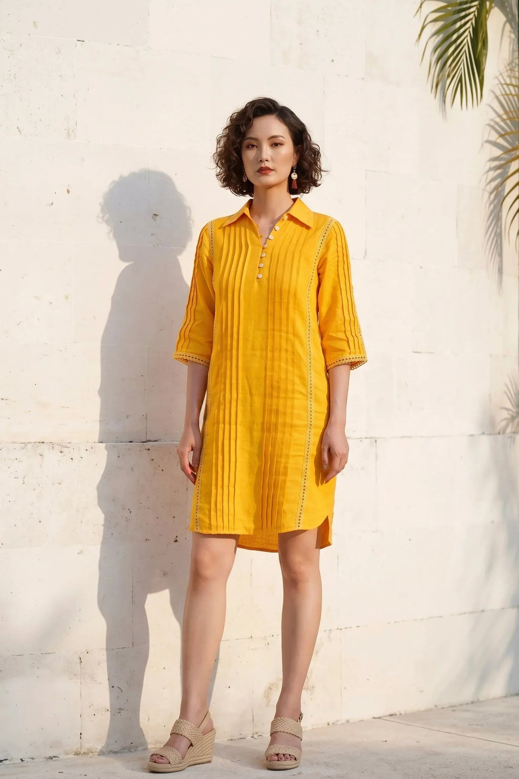 Vintage Yellow Linen Shirt Dress for Women — Relaxed Fit - gallery