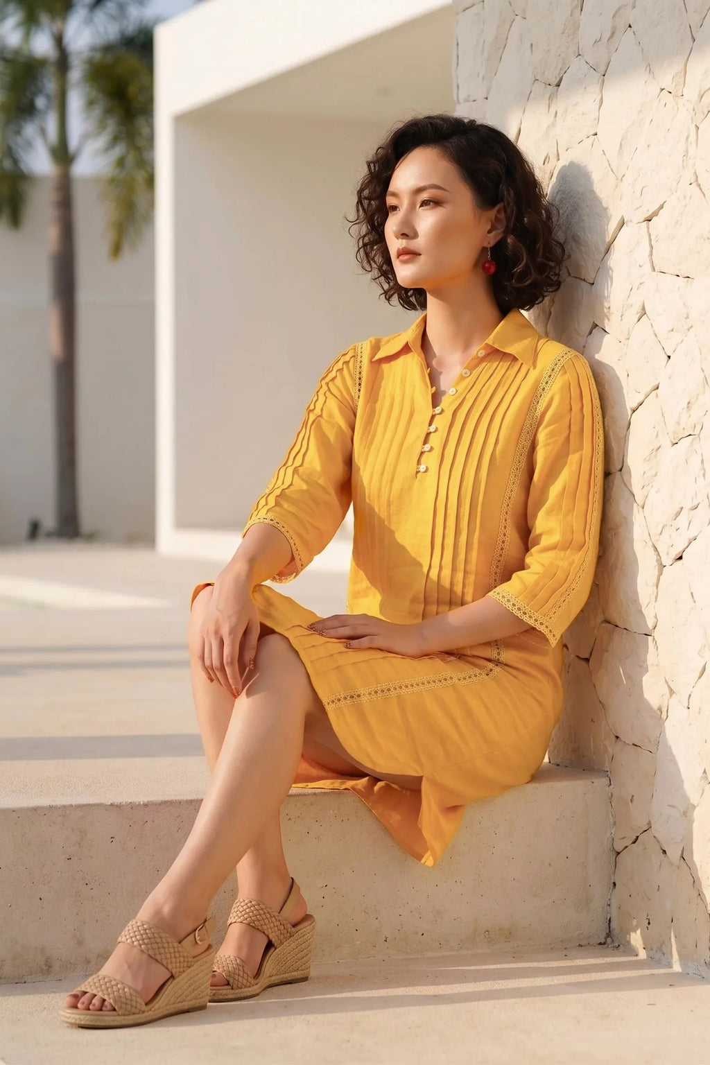 Vintage Yellow Linen Shirt Dress for Women — Relaxed Fit - gallery