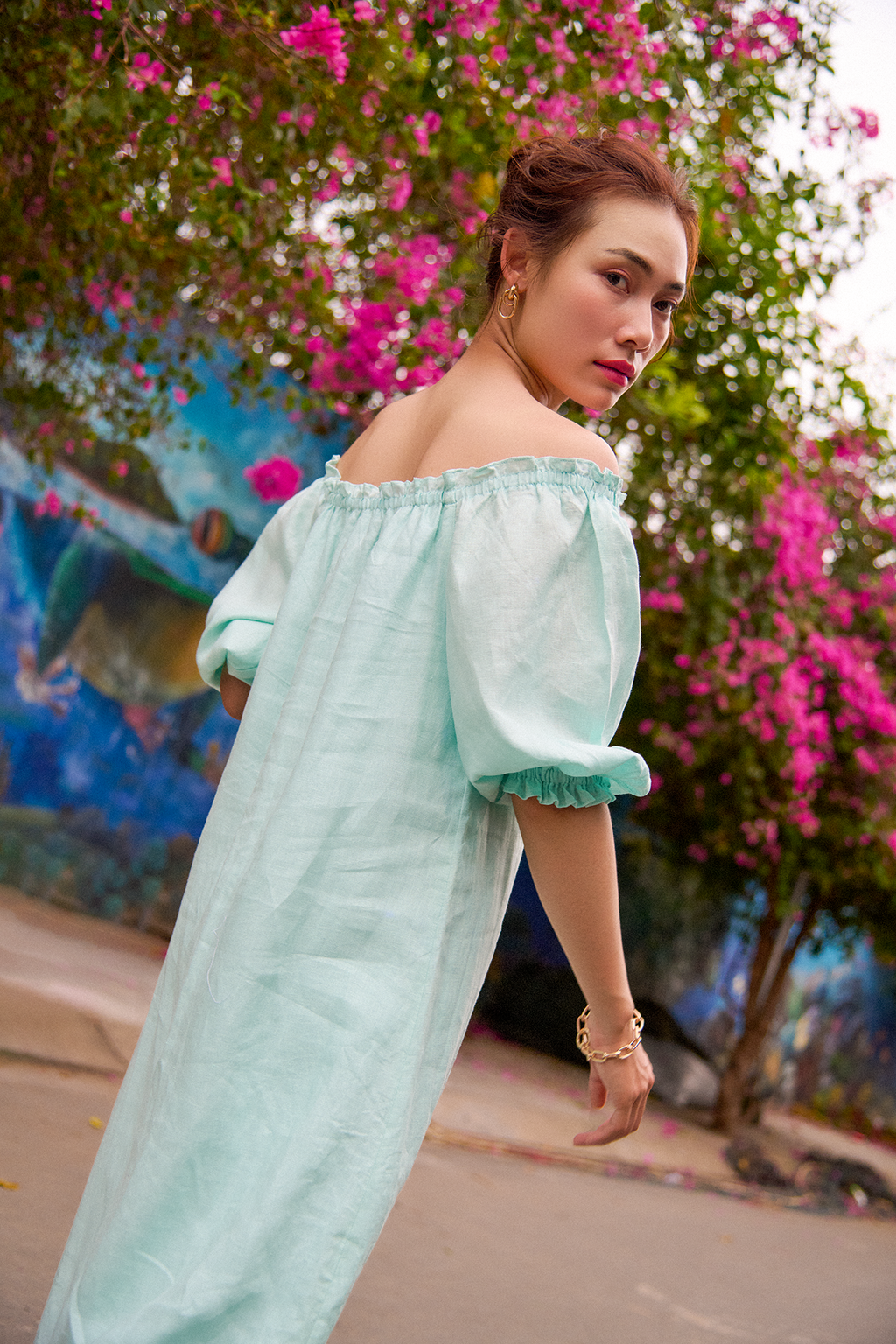 Floral Hand-Embroidered Linen Midi Dress for Women - gallery