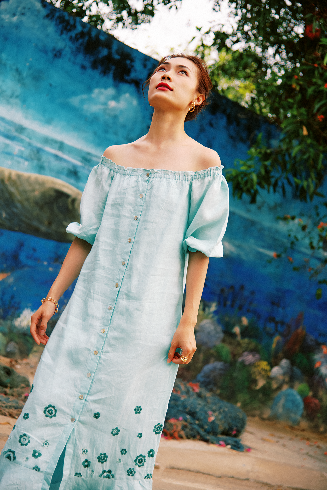Floral Hand-Embroidered Linen Midi Dress for Women