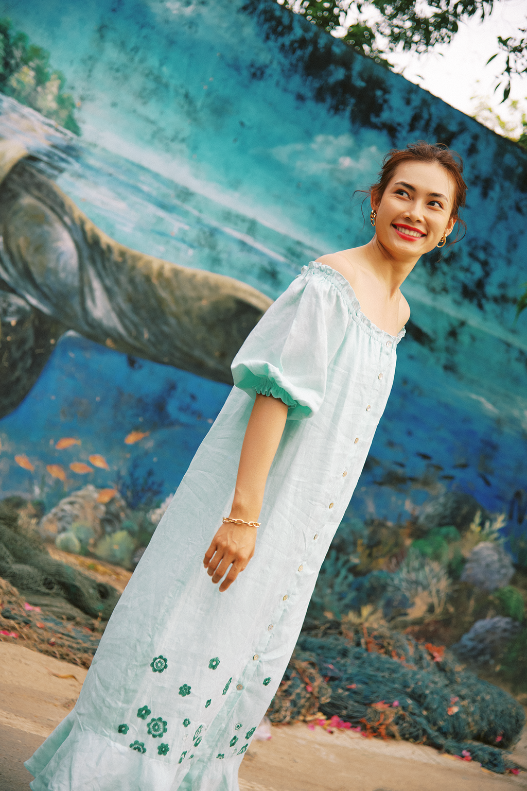 Floral Hand-Embroidered Linen Midi Dress for Women - gallery