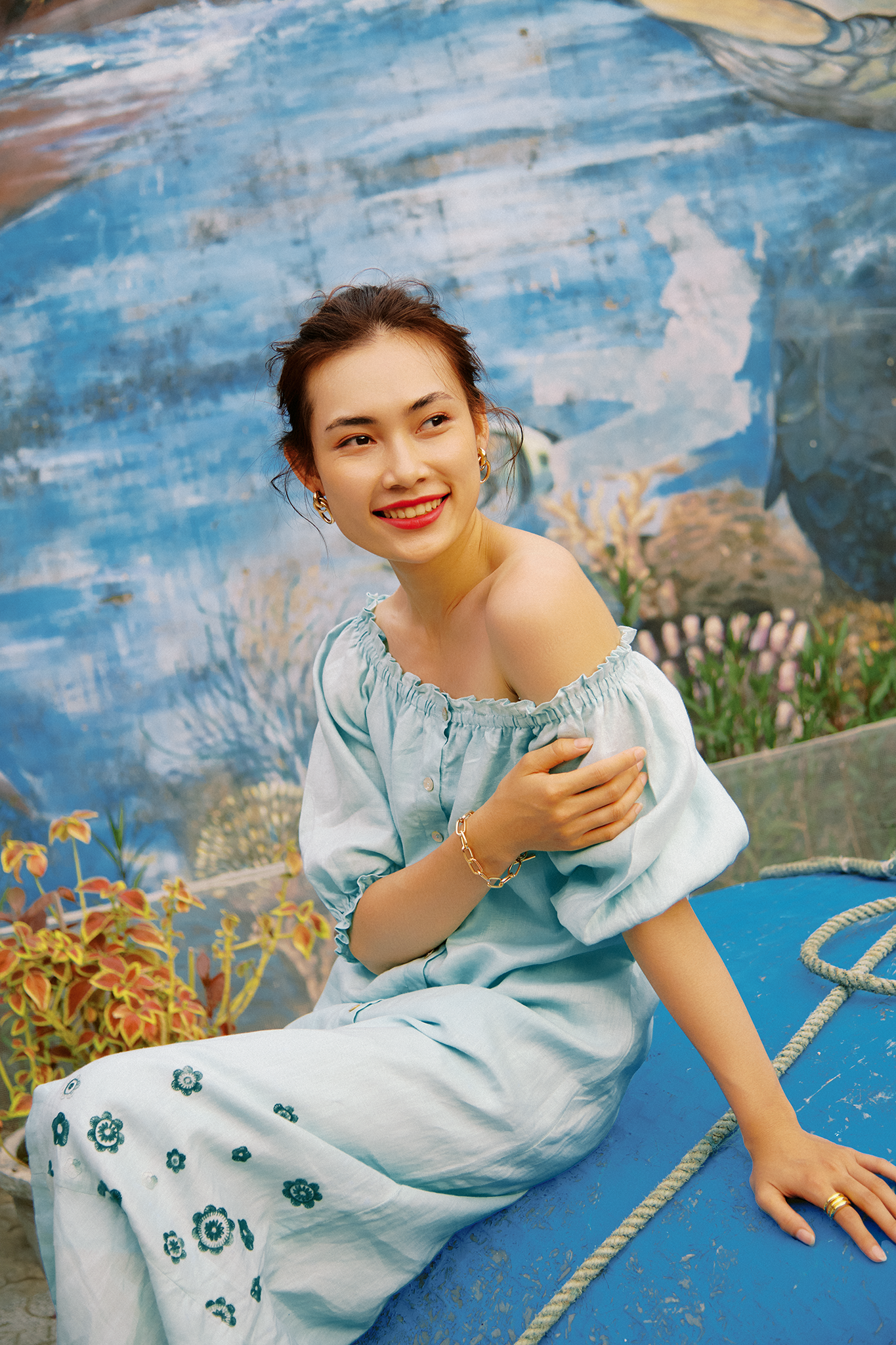 Hand-Embroidered Ocean Linen Midi Dress for Women - gallery