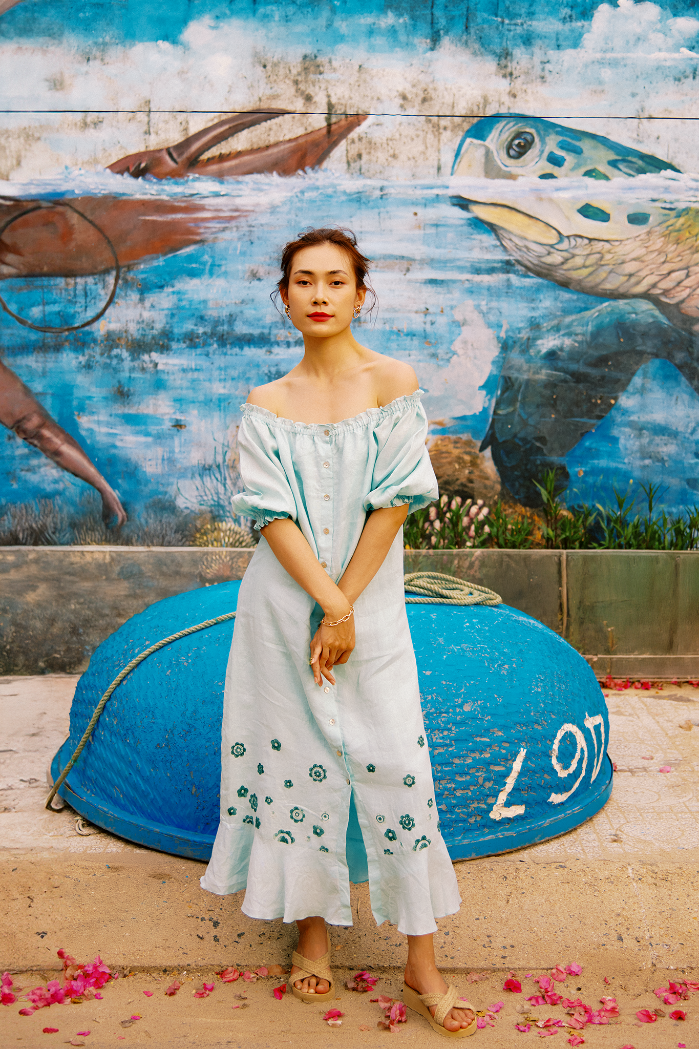 Floral Hand-Embroidered Linen Midi Dress for Women - gallery