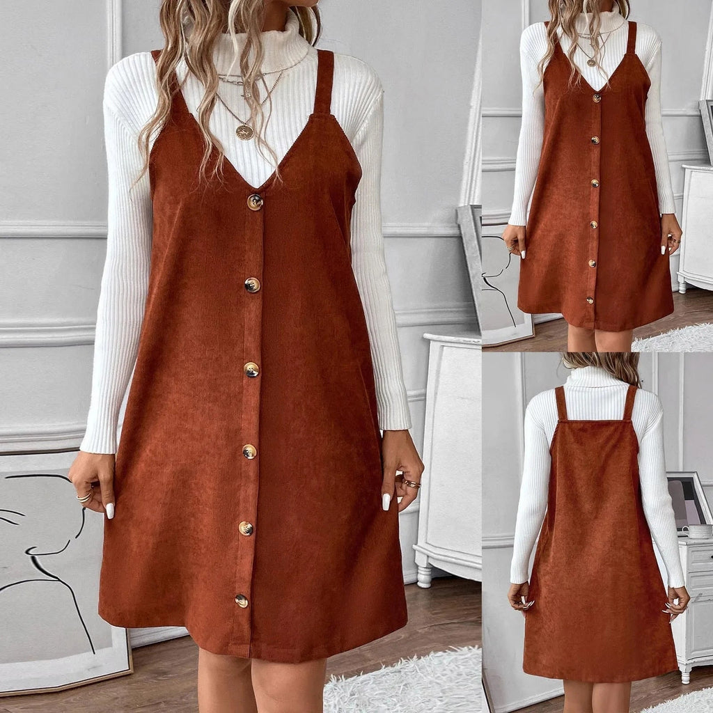 V-Neck Cord Dress with Strap Details and Button Accents