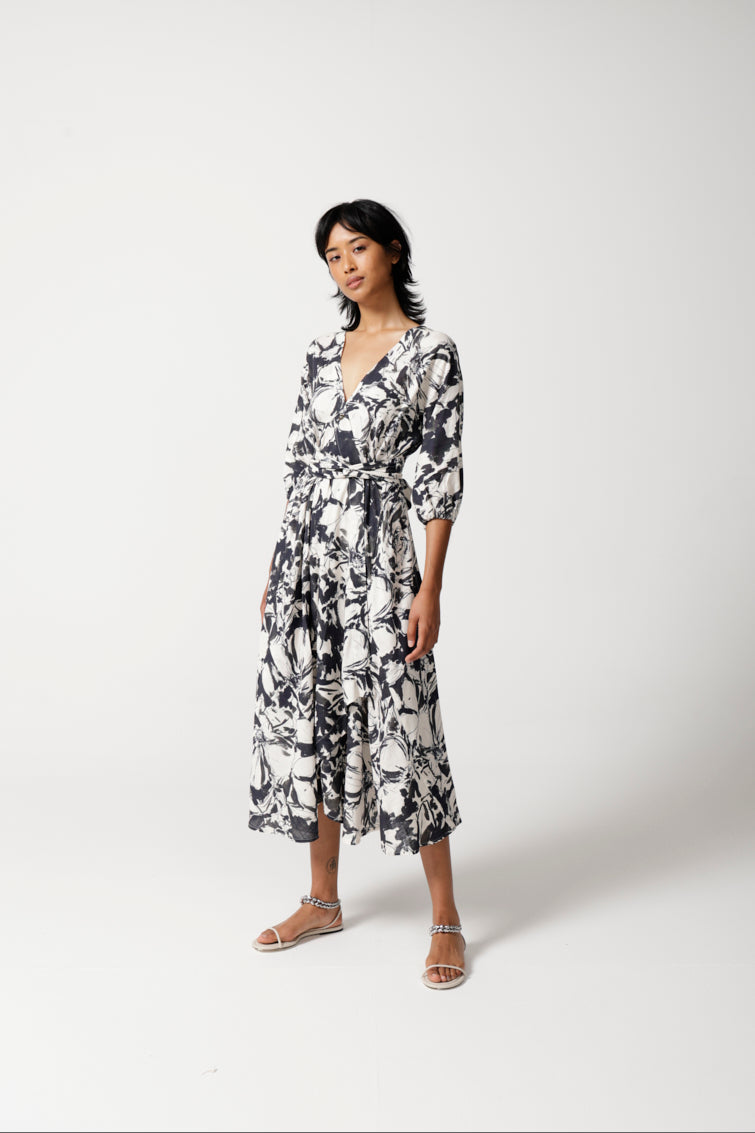 Lehrer Viscose Linen Wrap Dress for Women - Black White Rose