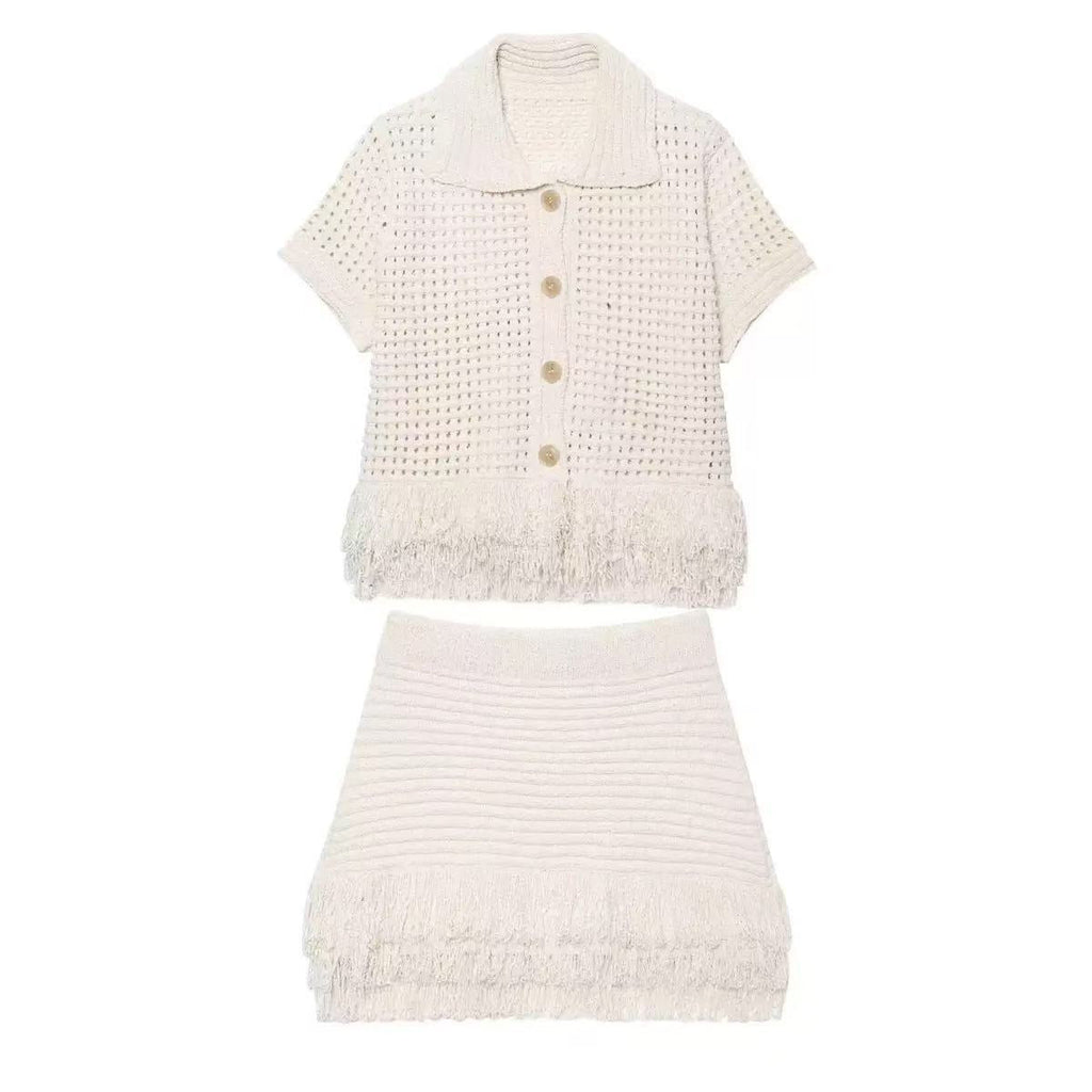 Lake Crochet and Tassel Shirt and Skirt Coord Set for Women - gallery