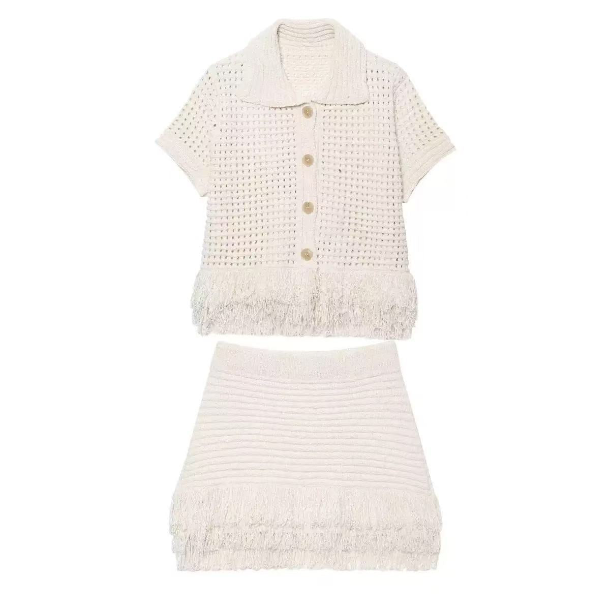 Lake Crochet and Tassel Shirt and Skirt Coord Set for Women - gallery