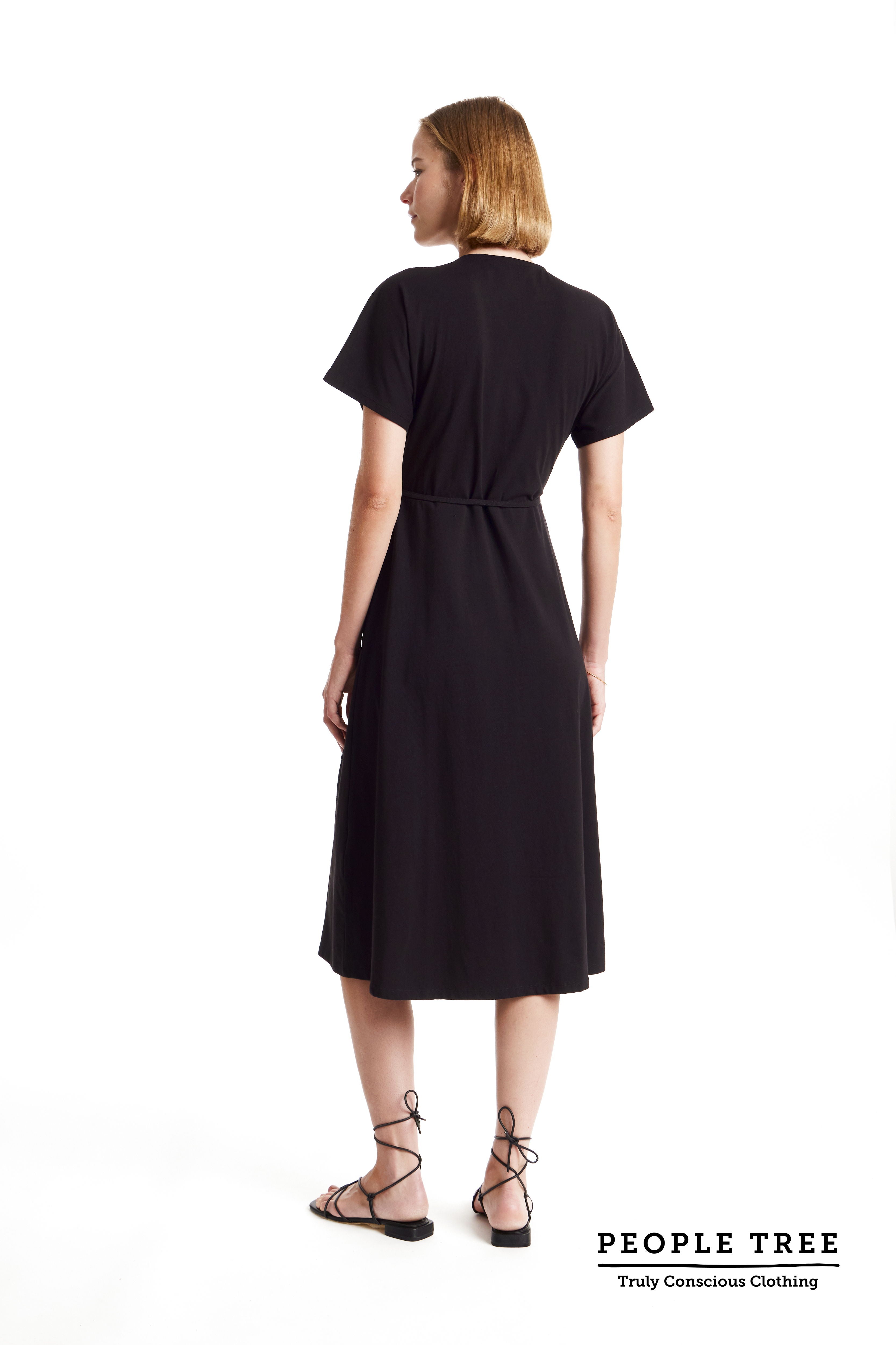 Black Organic Cotton Wrap Dress for Women — Waist Tie - gallery