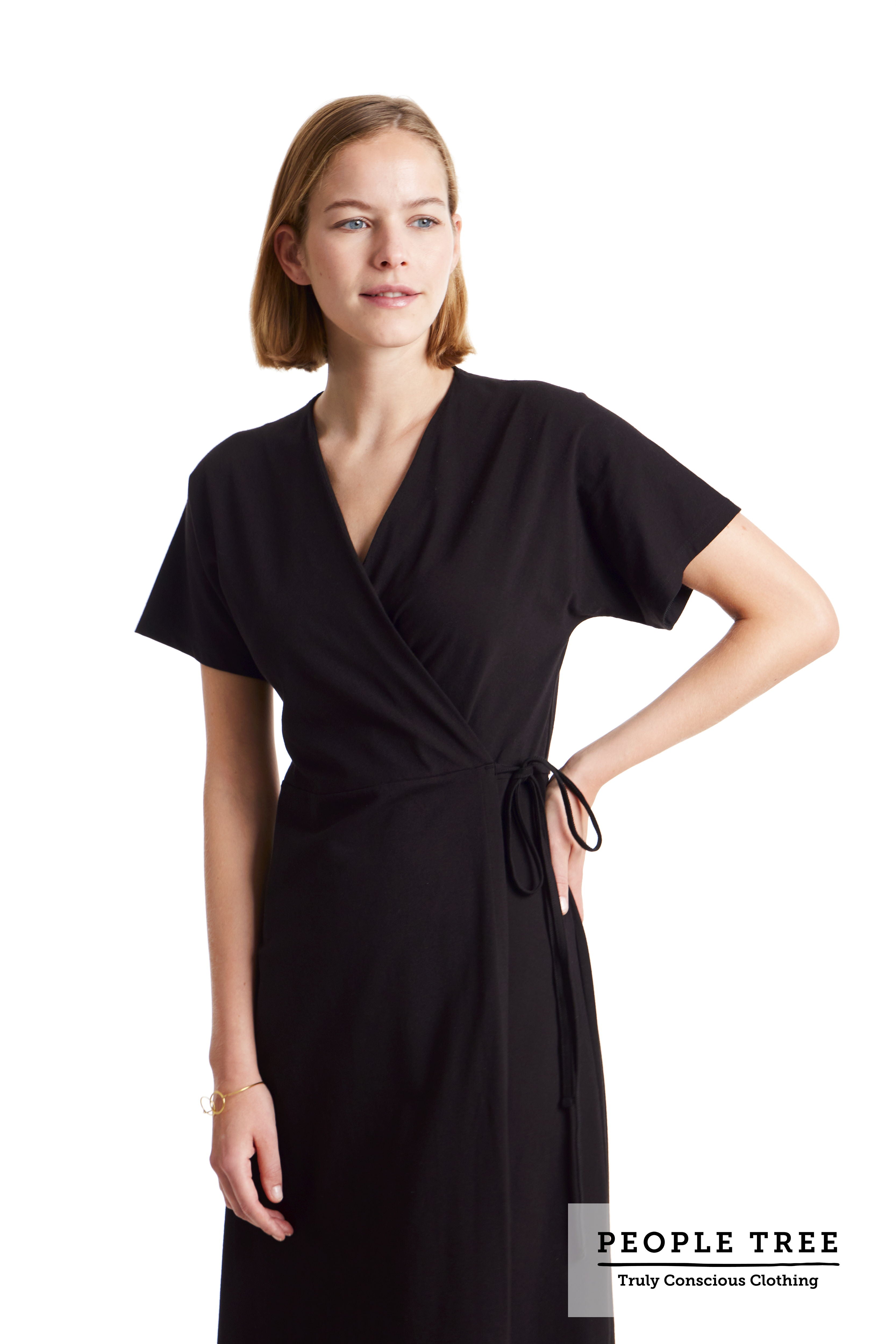 Black Organic Cotton Wrap Dress for Women — Waist Tie