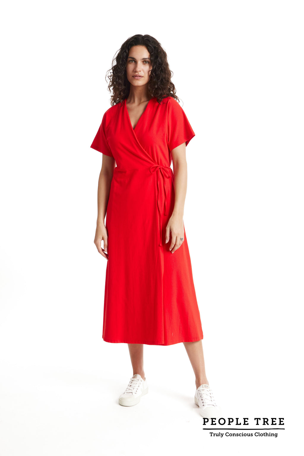 Red Organic Cotton Wrap Dress for Women — Waist Tie - gallery