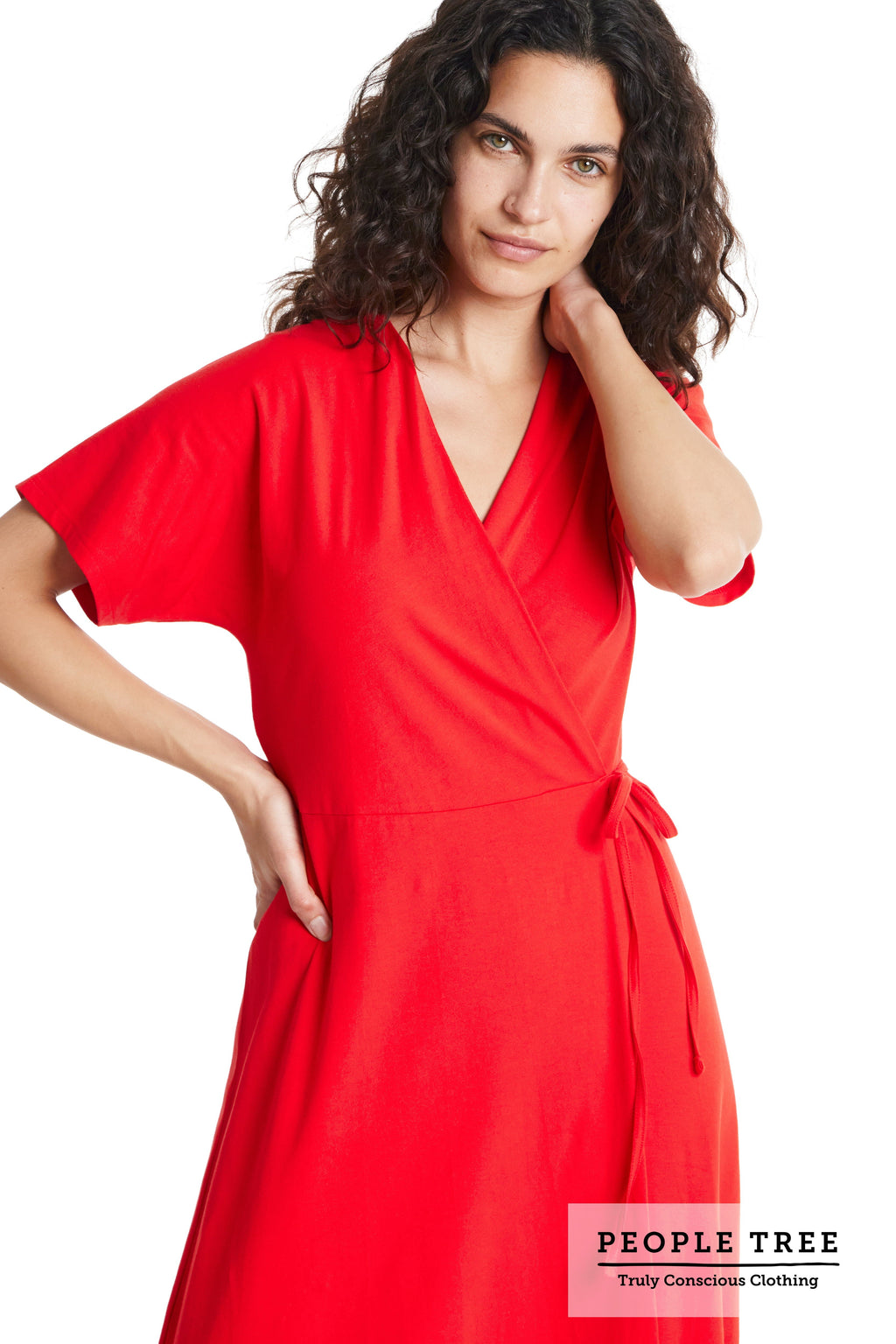 Red Organic Cotton Wrap Dress for Women — Waist Tie