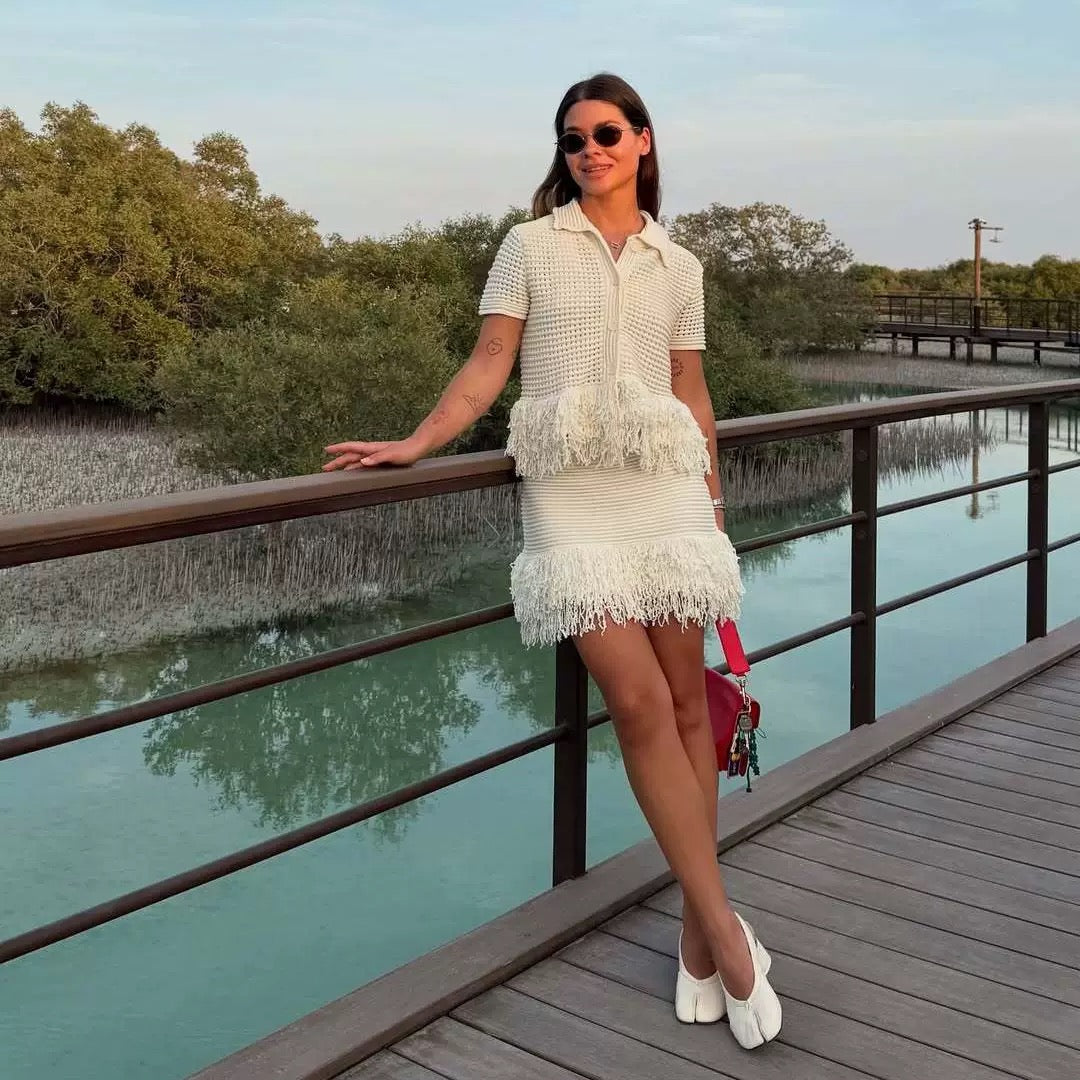 Lake Crochet and Tassel Shirt and Skirt Coord Set for Women - Off White
