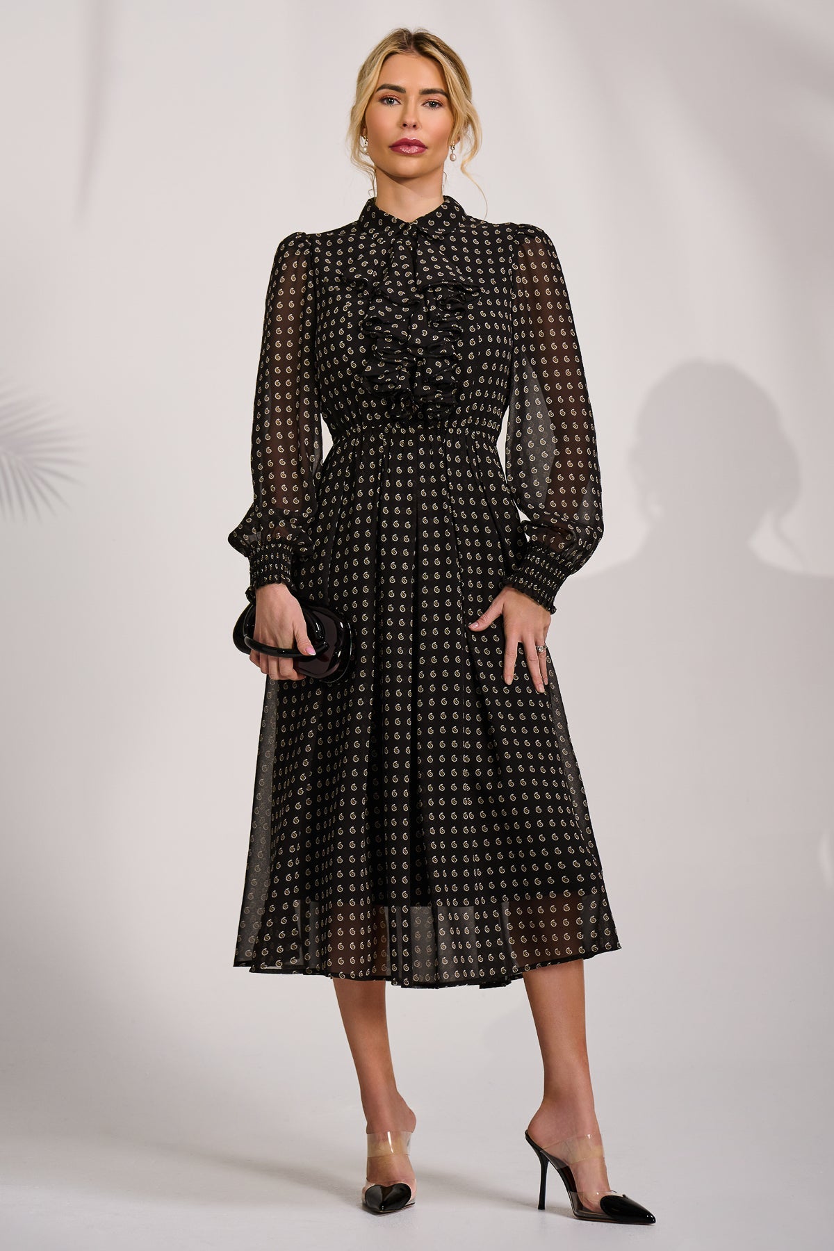 Chiffon Print Ruffled Shirt Dress, Black Paisley for Women