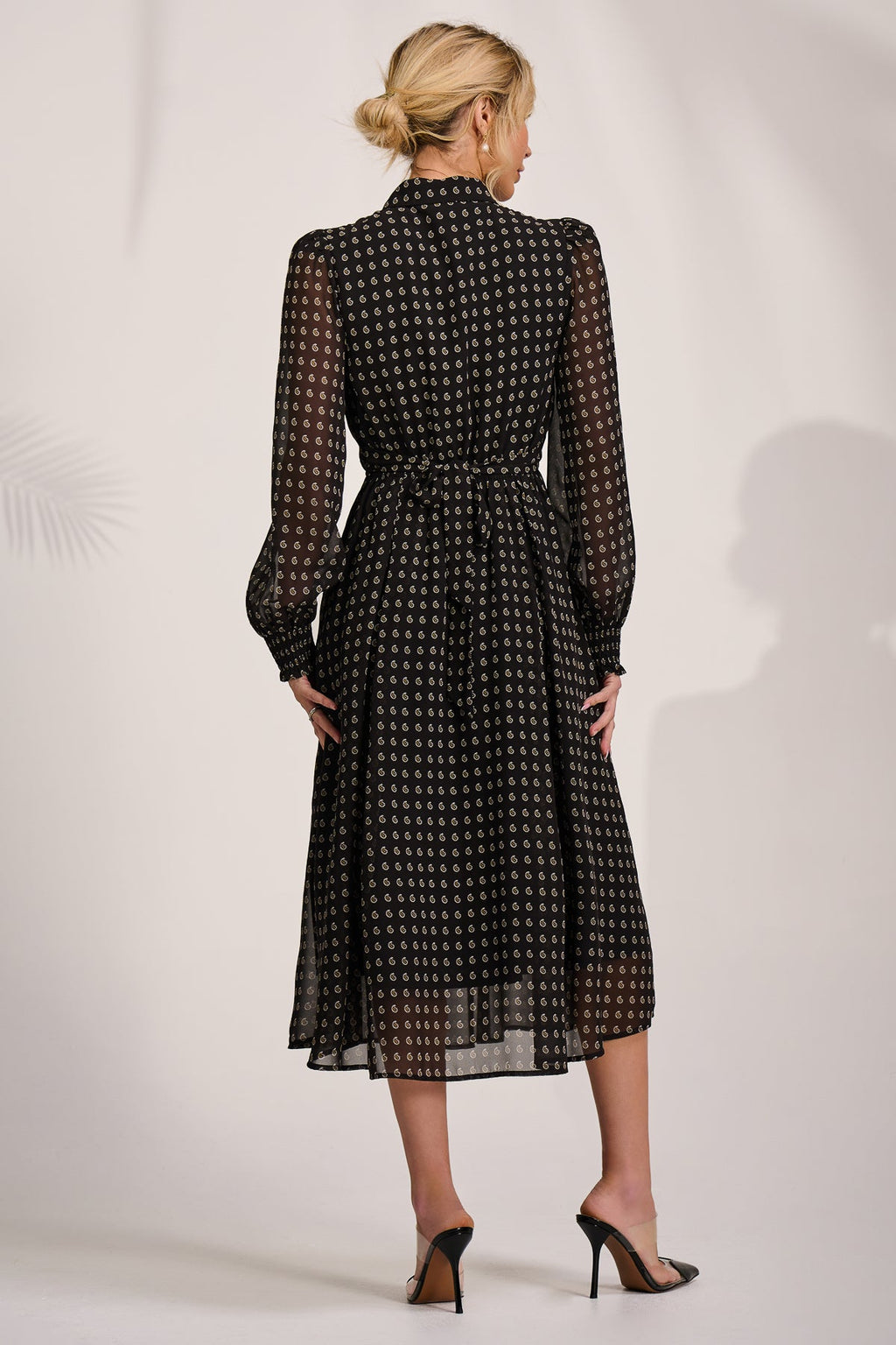 Chiffon Print Ruffled Shirt Dress, Black Paisley for Women - gallery