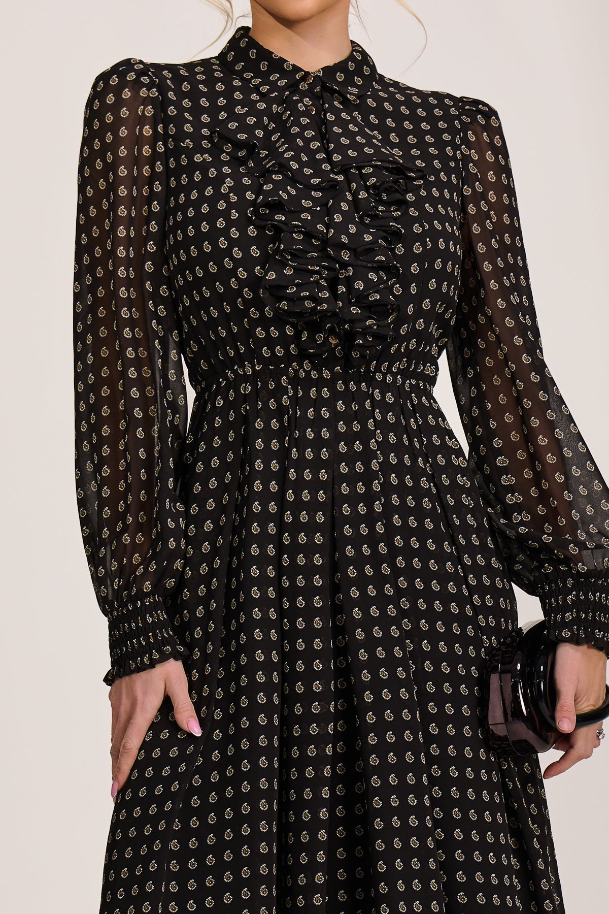 Chiffon Print Ruffled Shirt Dress, Black Paisley for Women - gallery