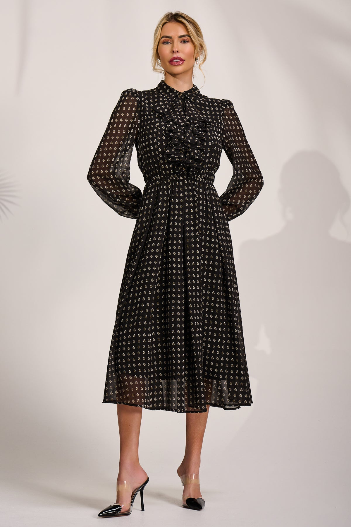 Chiffon Print Ruffled Shirt Dress, Black Paisley for Women - gallery
