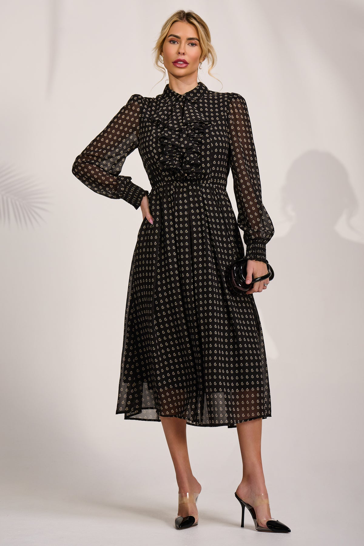 Chiffon Print Ruffled Shirt Dress, Black Paisley for Women - gallery
