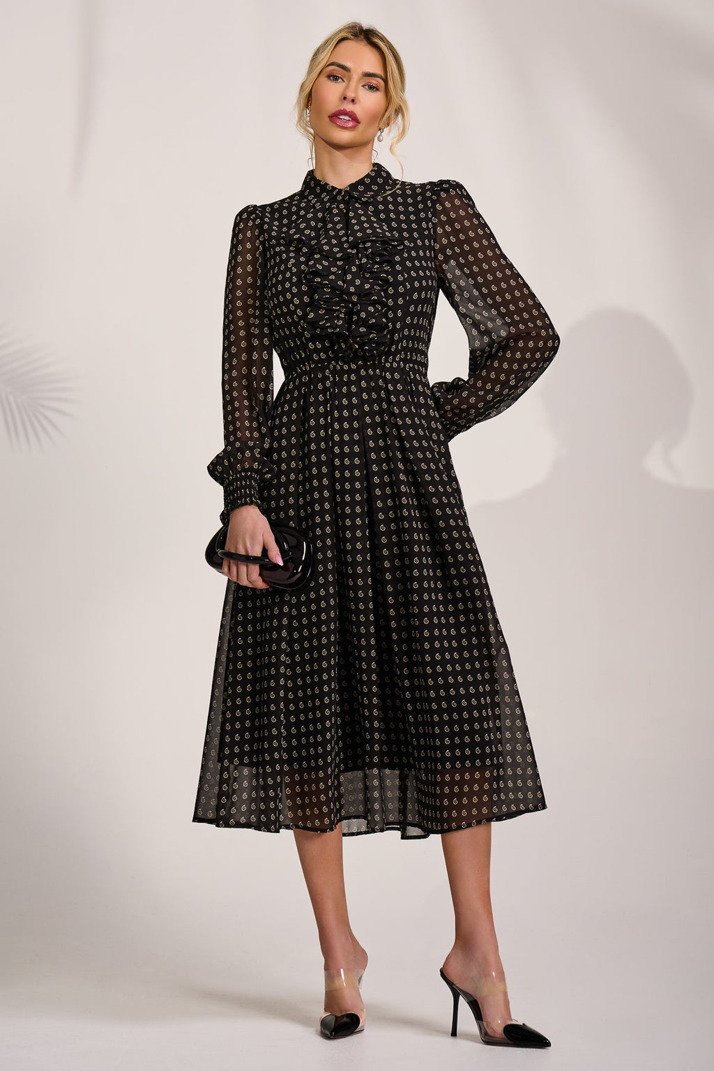 Chiffon Print Ruffled Shirt Dress, Black Paisley for Women - gallery
