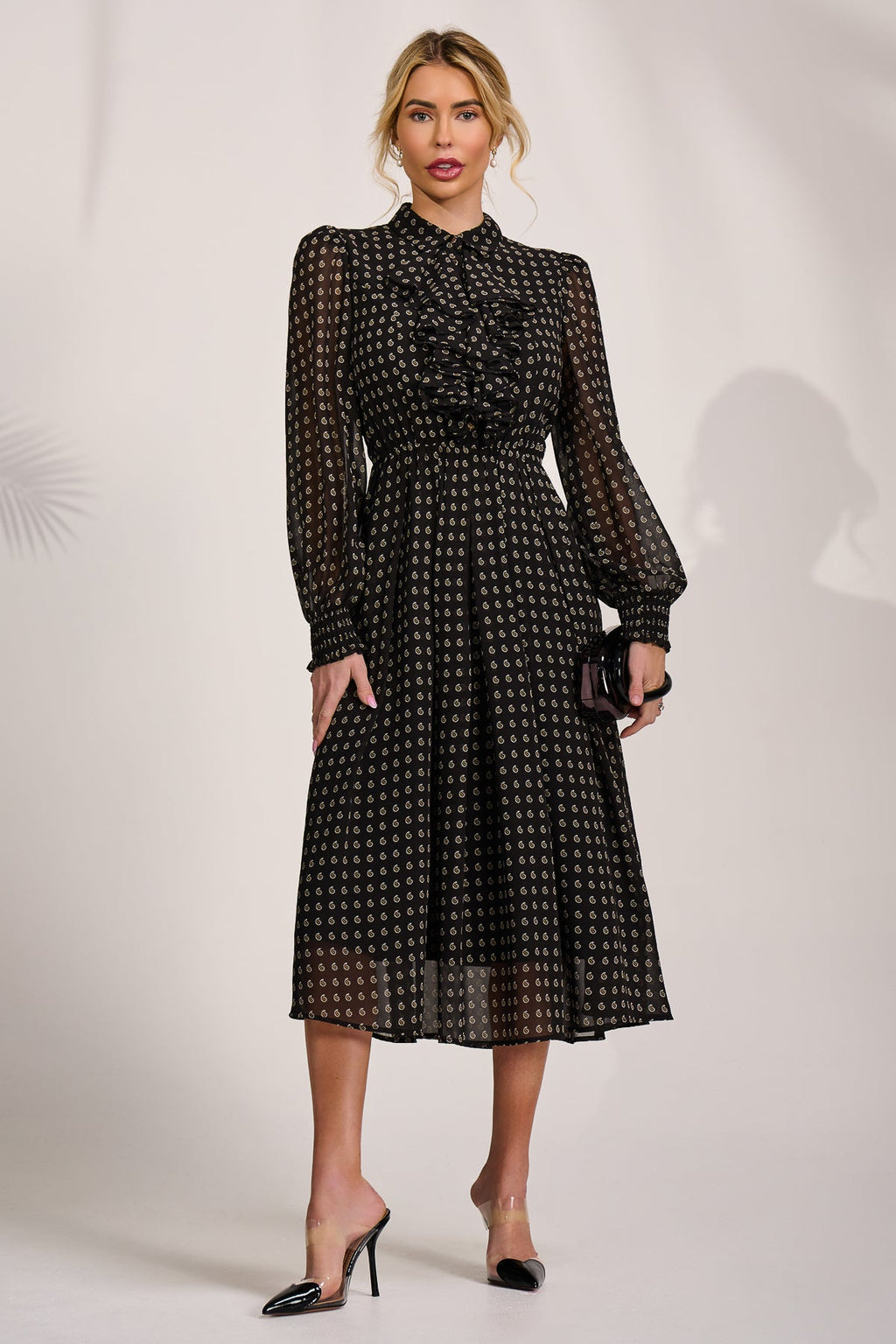 Chiffon Print Ruffled Shirt Dress, Black Paisley for Women - gallery