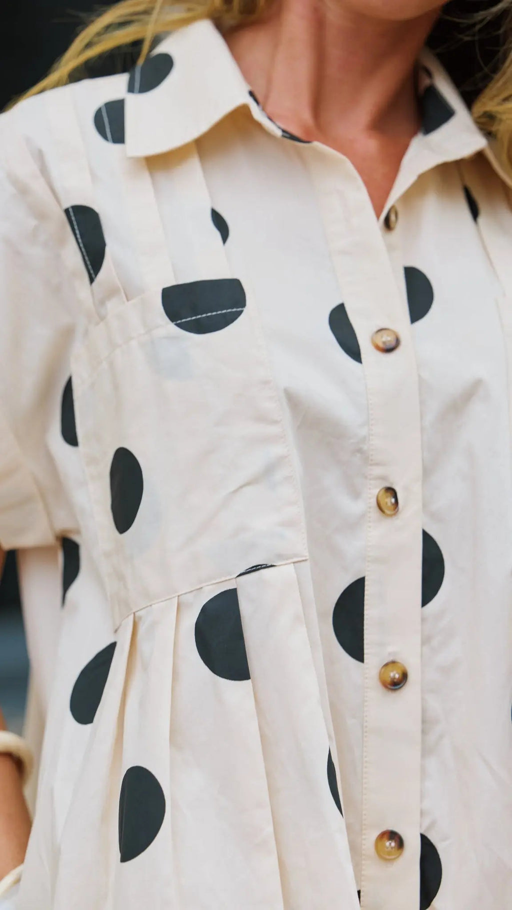 Beige Polka Dot Mini Dress for Women — Collared Button Front - gallery