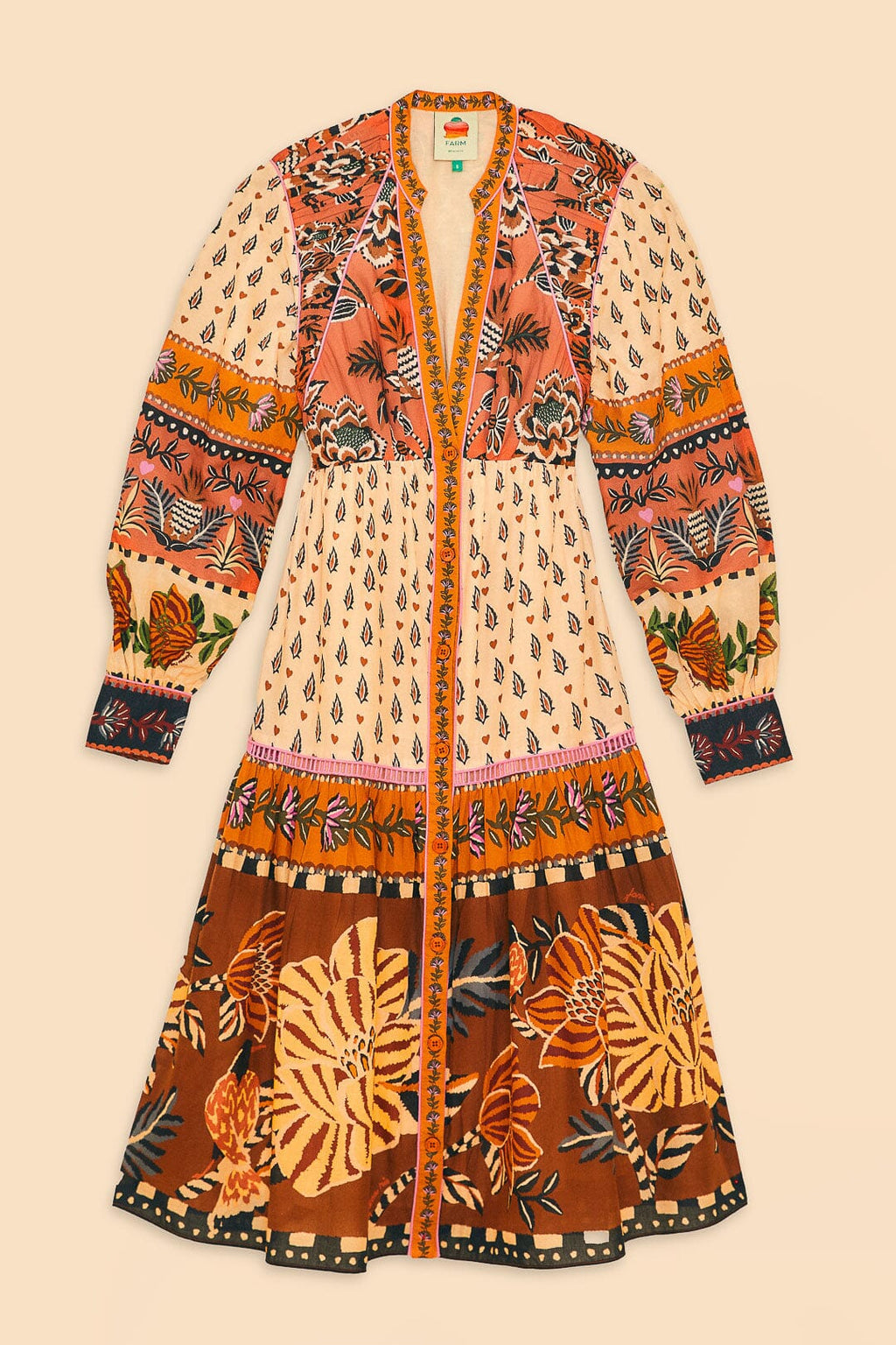 Beige Floral V-Neck Midi Dress for Women — Flowing - gallery