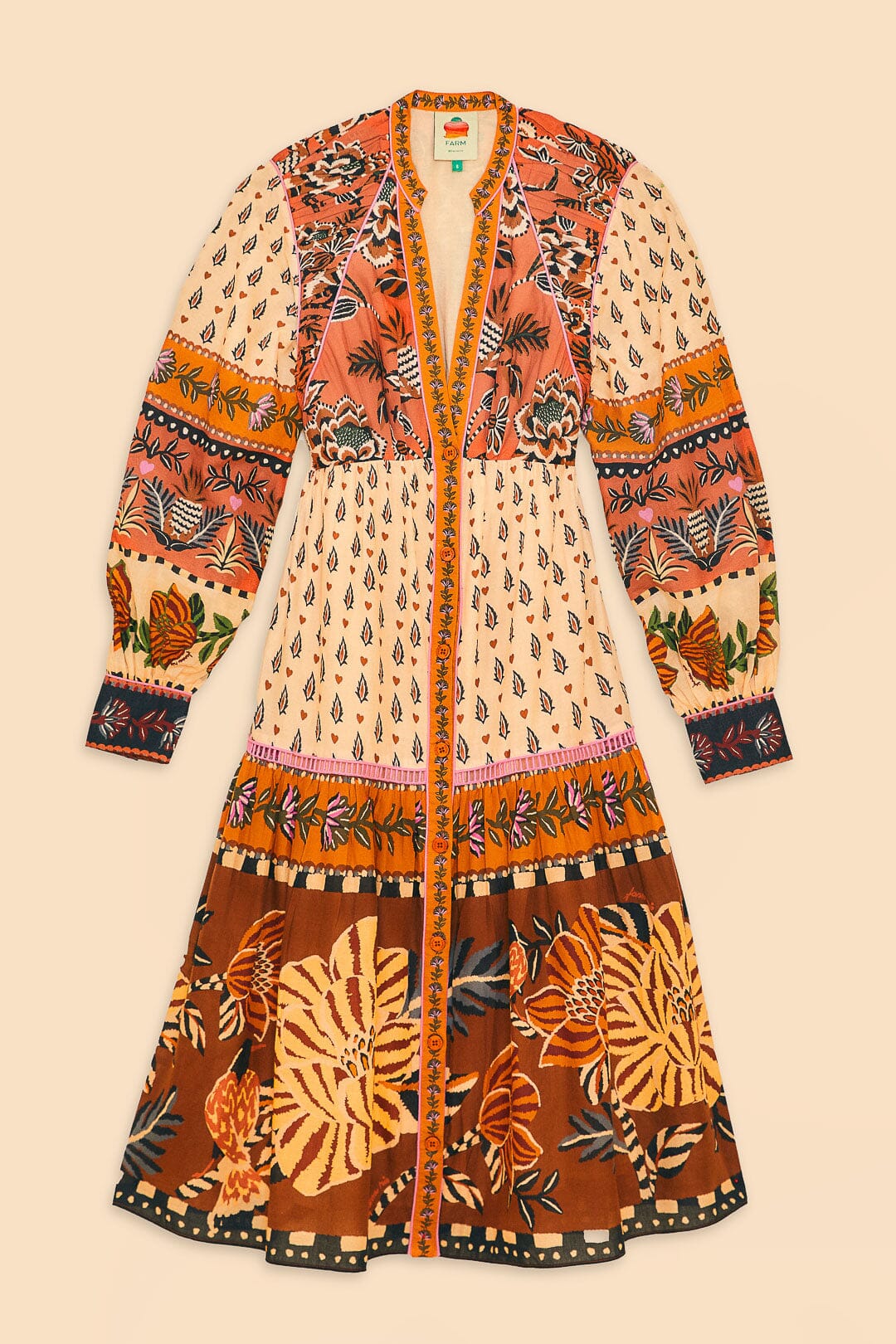 Beige Floral V-Neck Midi Dress for Women — Flowing - gallery
