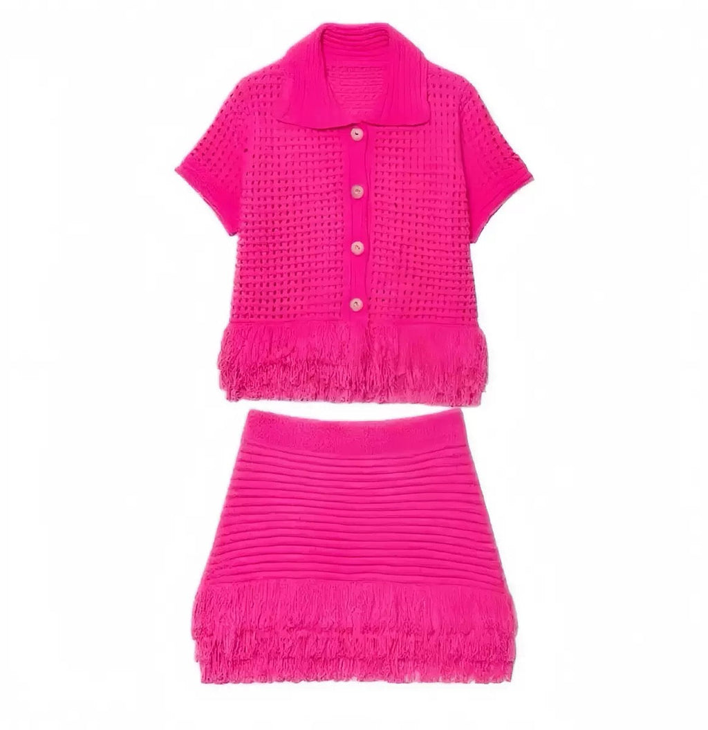 Lake Crochet and Tassel Shirt and Skirt Coord Set for Women - gallery