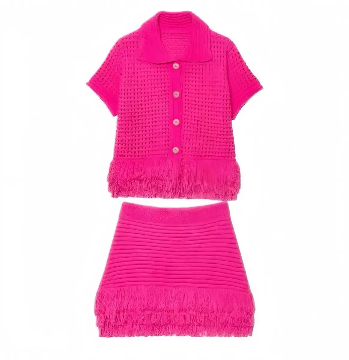 Lake Crochet and Tassel Shirt and Skirt Coord Set for Women - gallery
