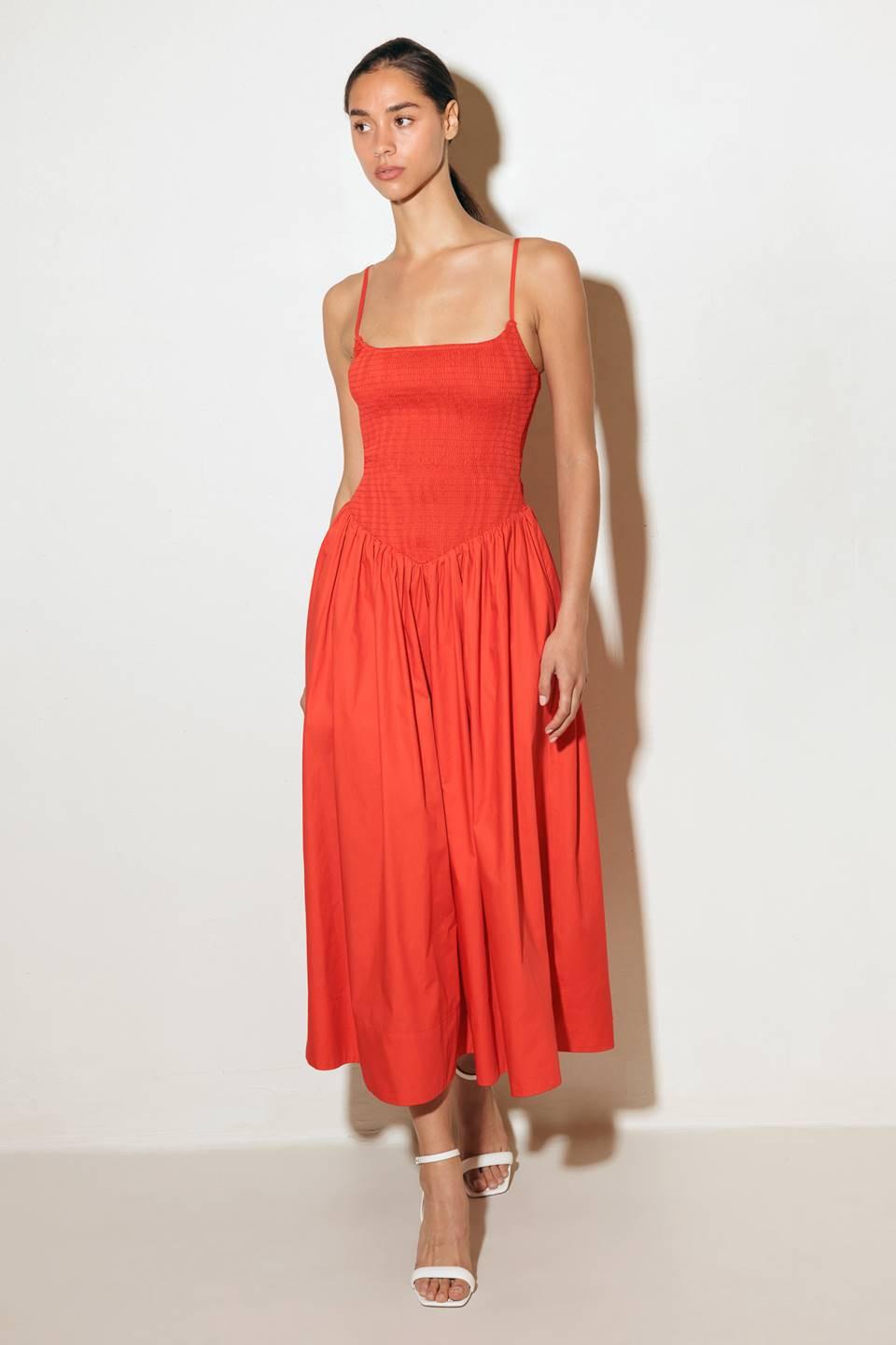 MOVE WITH INTENTION RED WOVEN MIDI DRESS — gallery