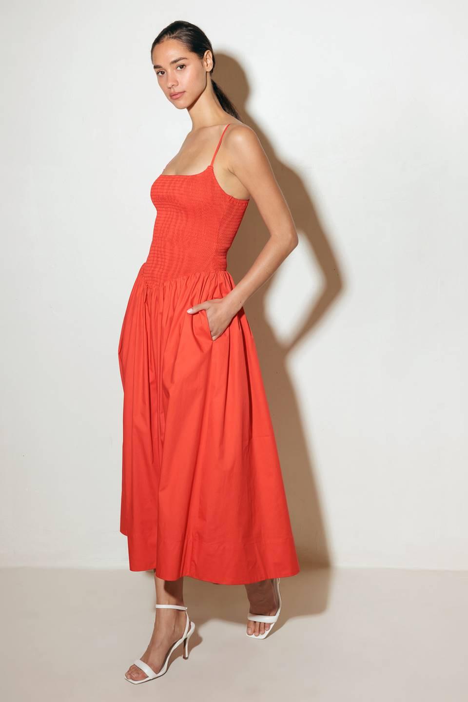 MOVE WITH INTENTION RED WOVEN MIDI DRESS — gallery