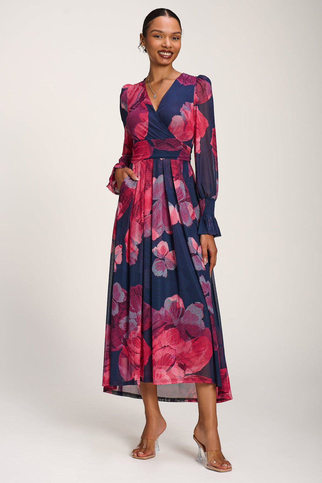 Long Sleeve V Neck Mesh Maxi Dress, Fuchsia Floral for Women