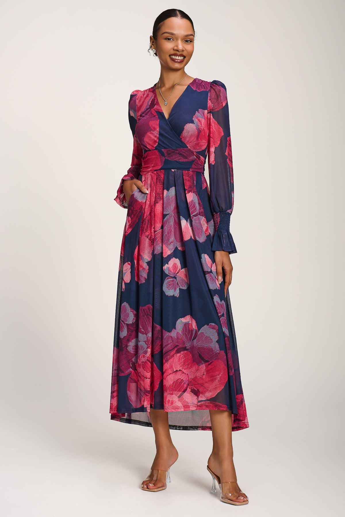 Long Sleeve V Neck Mesh Maxi Dress, Fuchsia Floral for Women