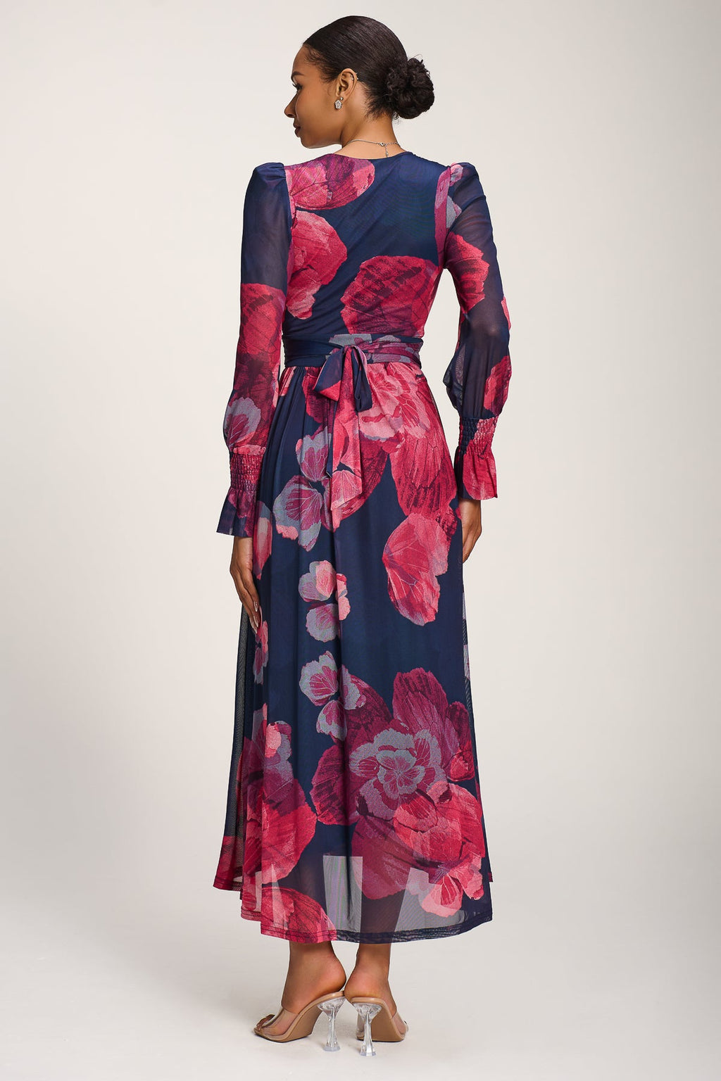 Long Sleeve V Neck Mesh Maxi Dress, Fuchsia Floral for Women - gallery