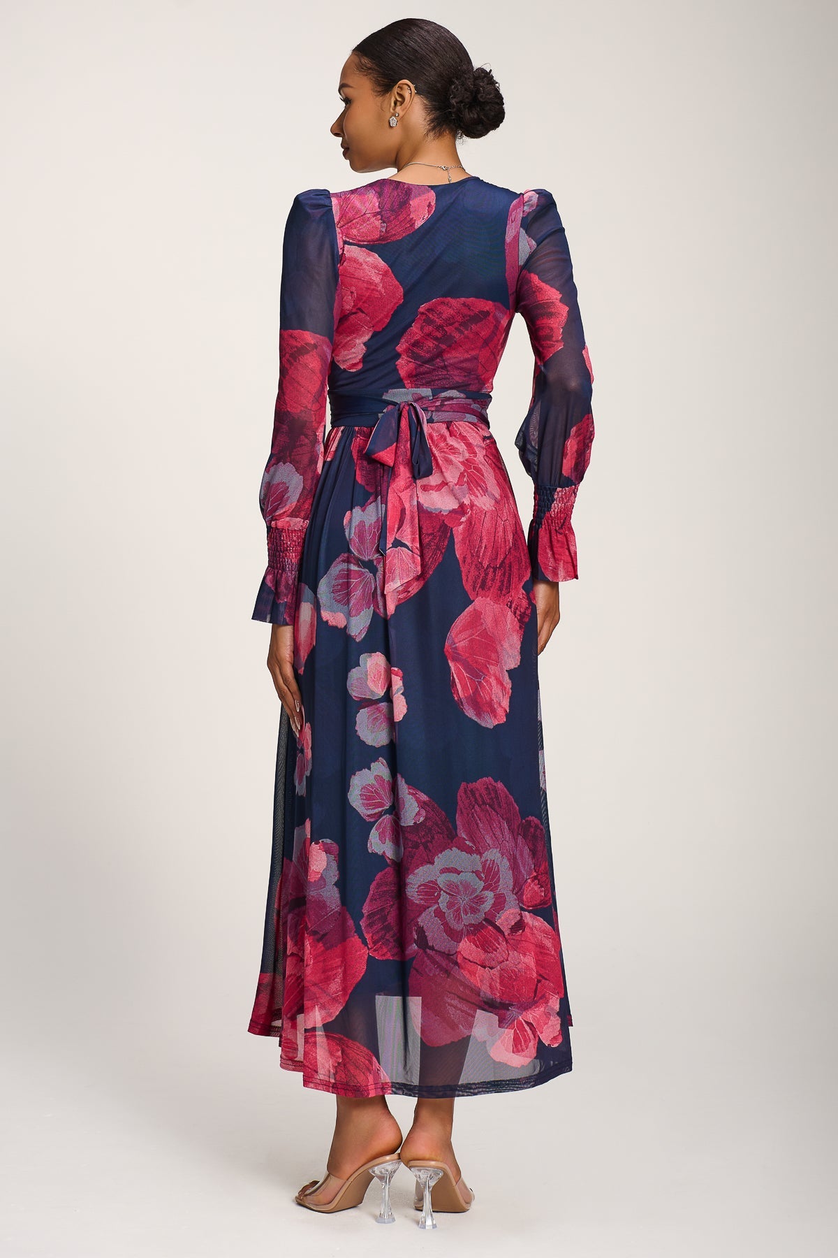 Long Sleeve V Neck Mesh Maxi Dress, Fuchsia Floral for Women - gallery