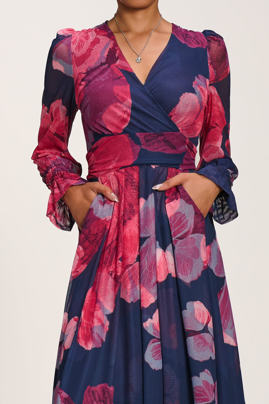 Long Sleeve V Neck Mesh Maxi Dress, Fuchsia Floral for Women - gallery