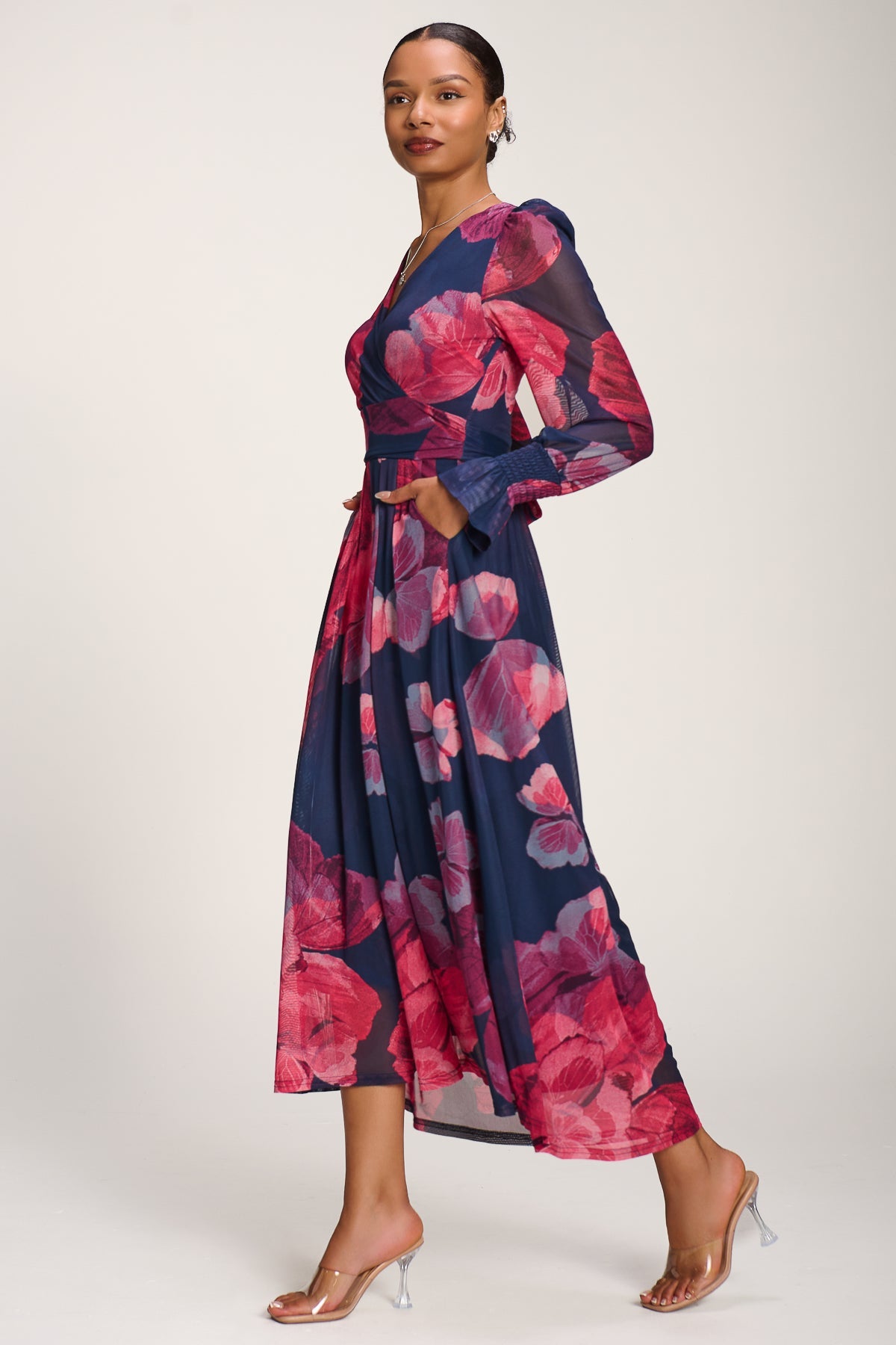 Long Sleeve V Neck Mesh Maxi Dress, Fuchsia Floral for Women - gallery