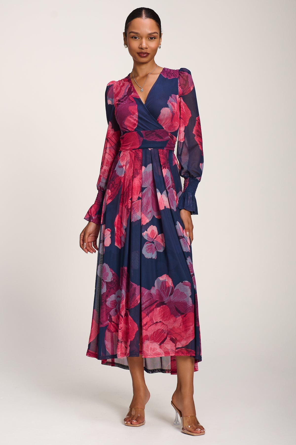 Long Sleeve V Neck Mesh Maxi Dress, Fuchsia Floral for Women - gallery