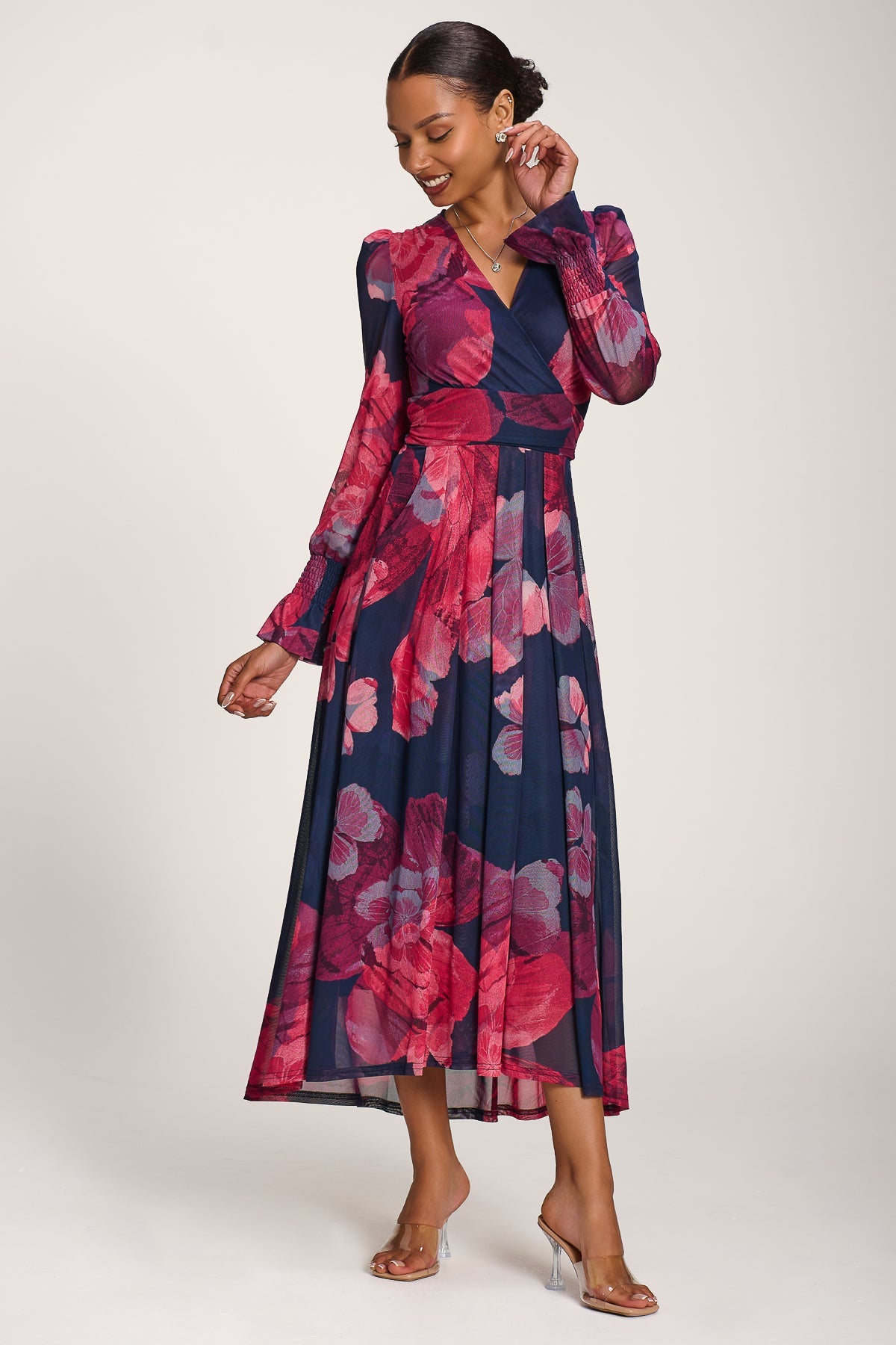 Long Sleeve V Neck Mesh Maxi Dress, Fuchsia Floral for Women - gallery