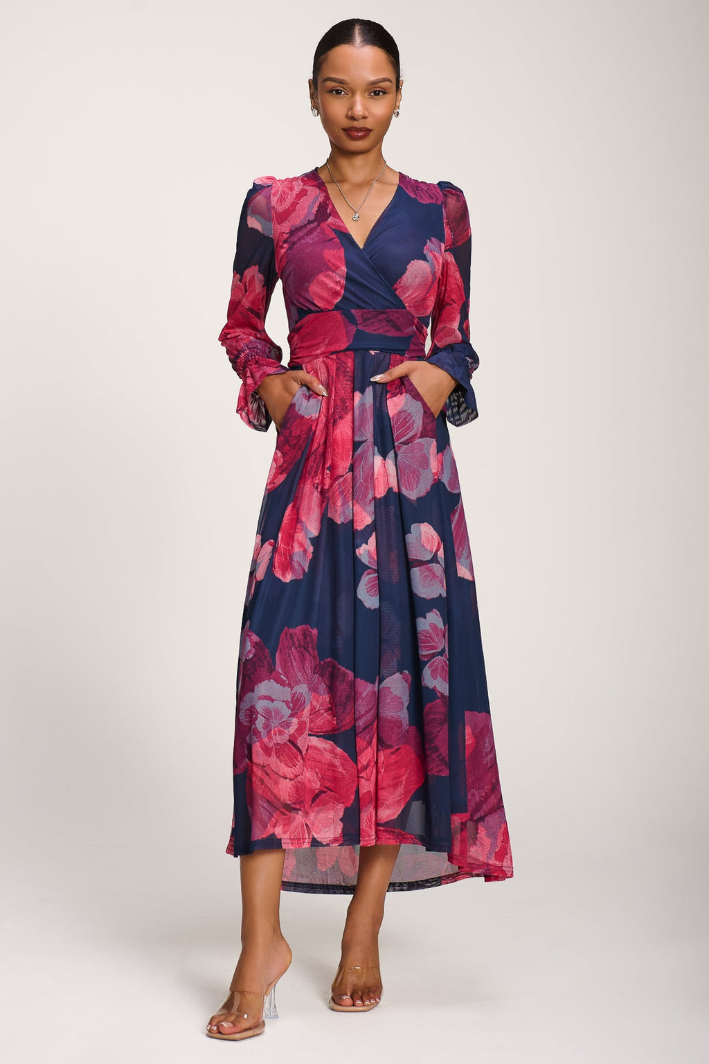 Long Sleeve V Neck Mesh Maxi Dress, Fuchsia Floral for Women - gallery