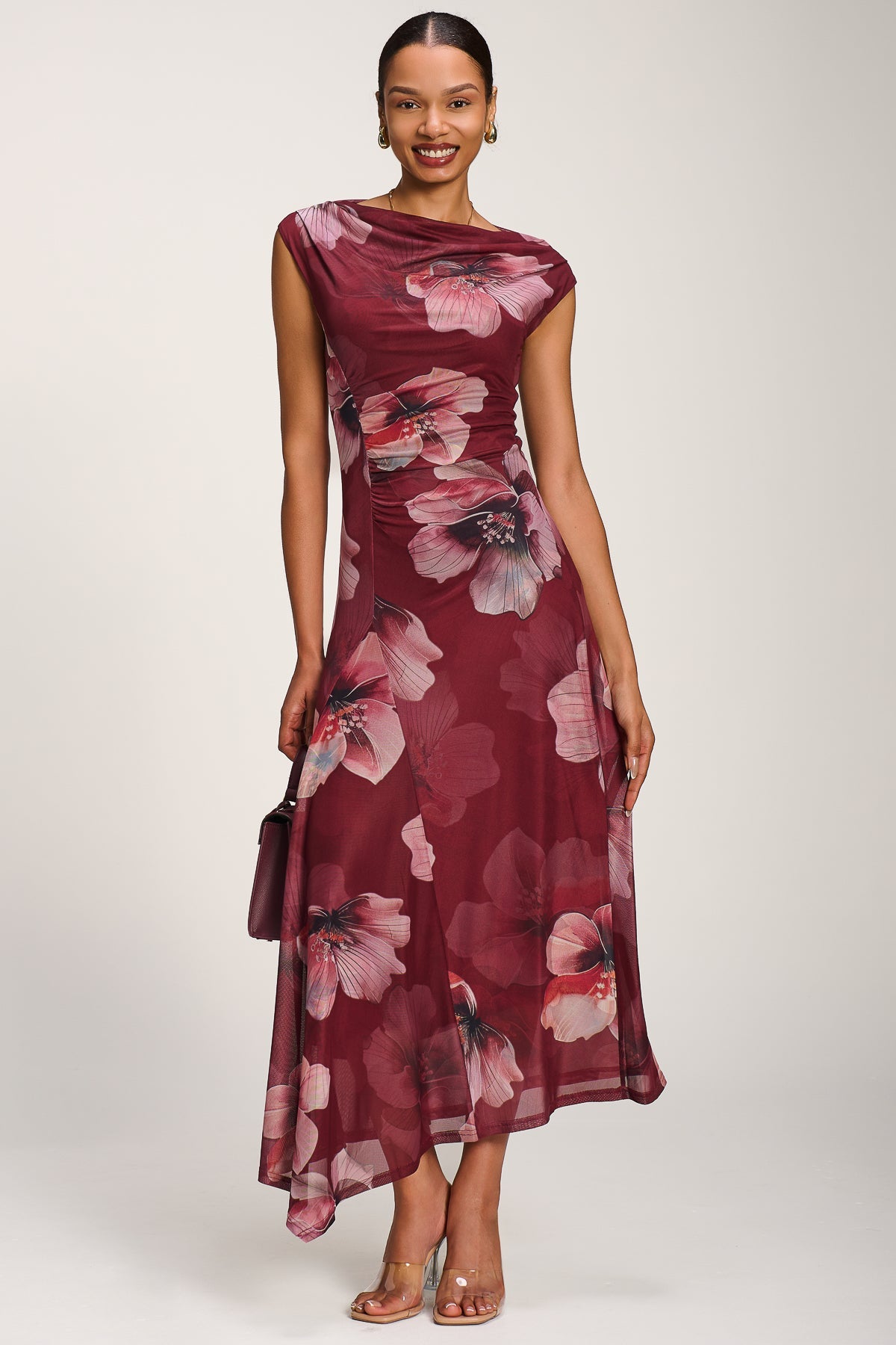 Asymmetric Draped Mesh Maxi Dress, Burgundy Floral for Women