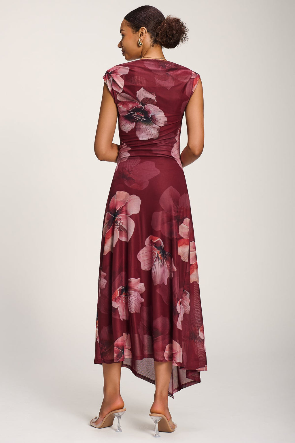 Asymmetric Draped Mesh Maxi Dress, Burgundy Floral for Women - gallery