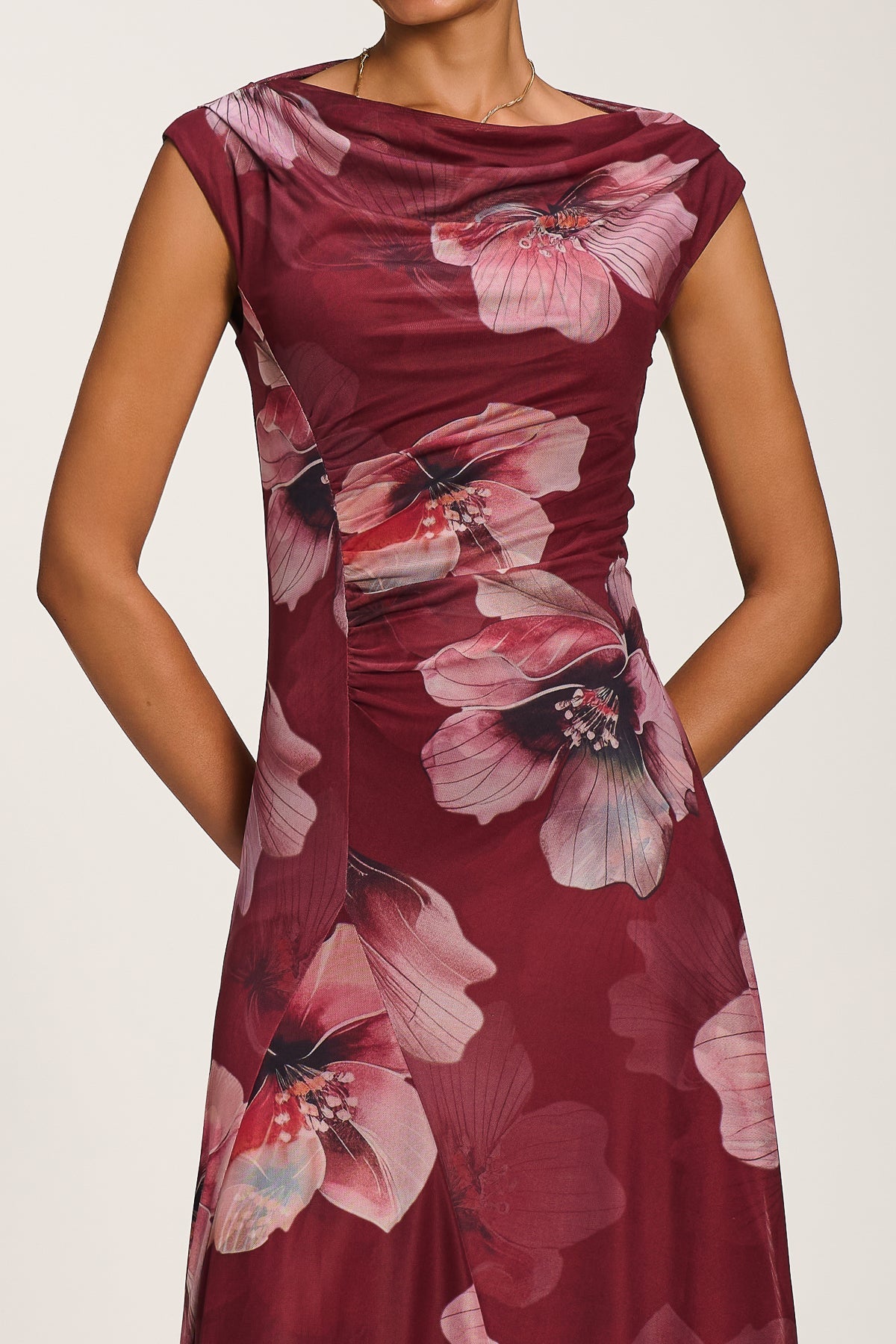 Asymmetric Draped Mesh Maxi Dress, Burgundy Floral for Women - gallery