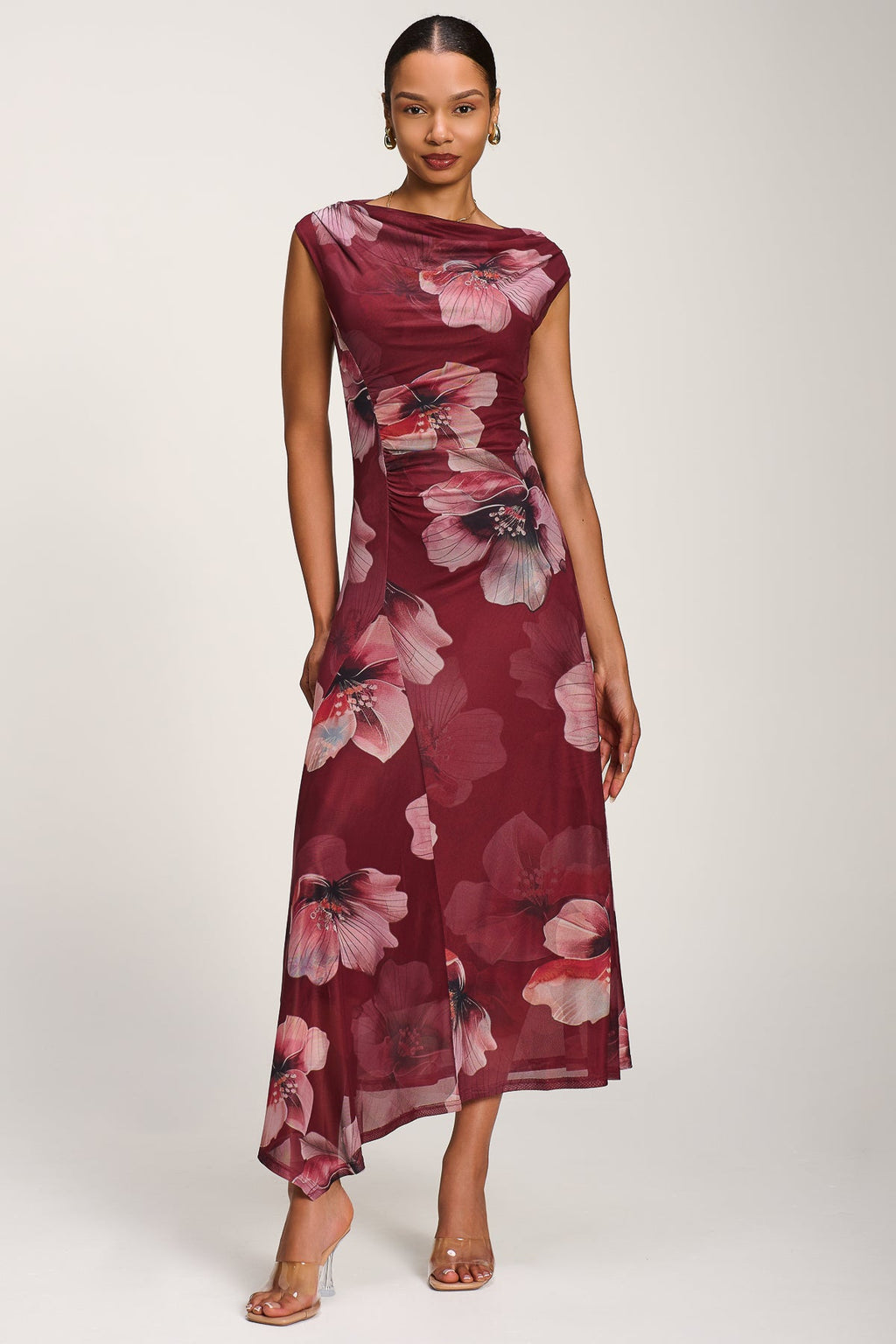 Asymmetric Draped Mesh Maxi Dress, Burgundy Floral for Women - gallery