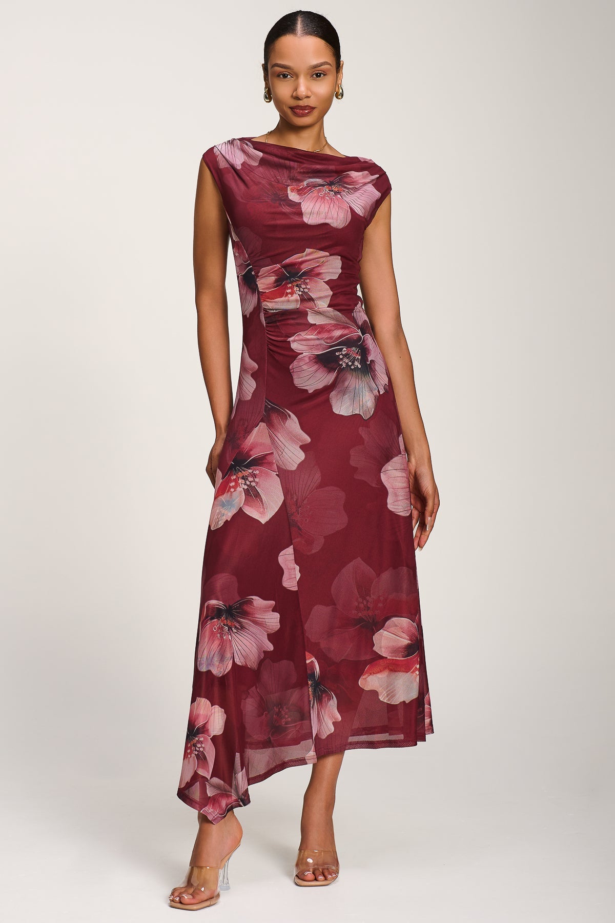 Asymmetric Draped Mesh Maxi Dress, Burgundy Floral for Women - gallery