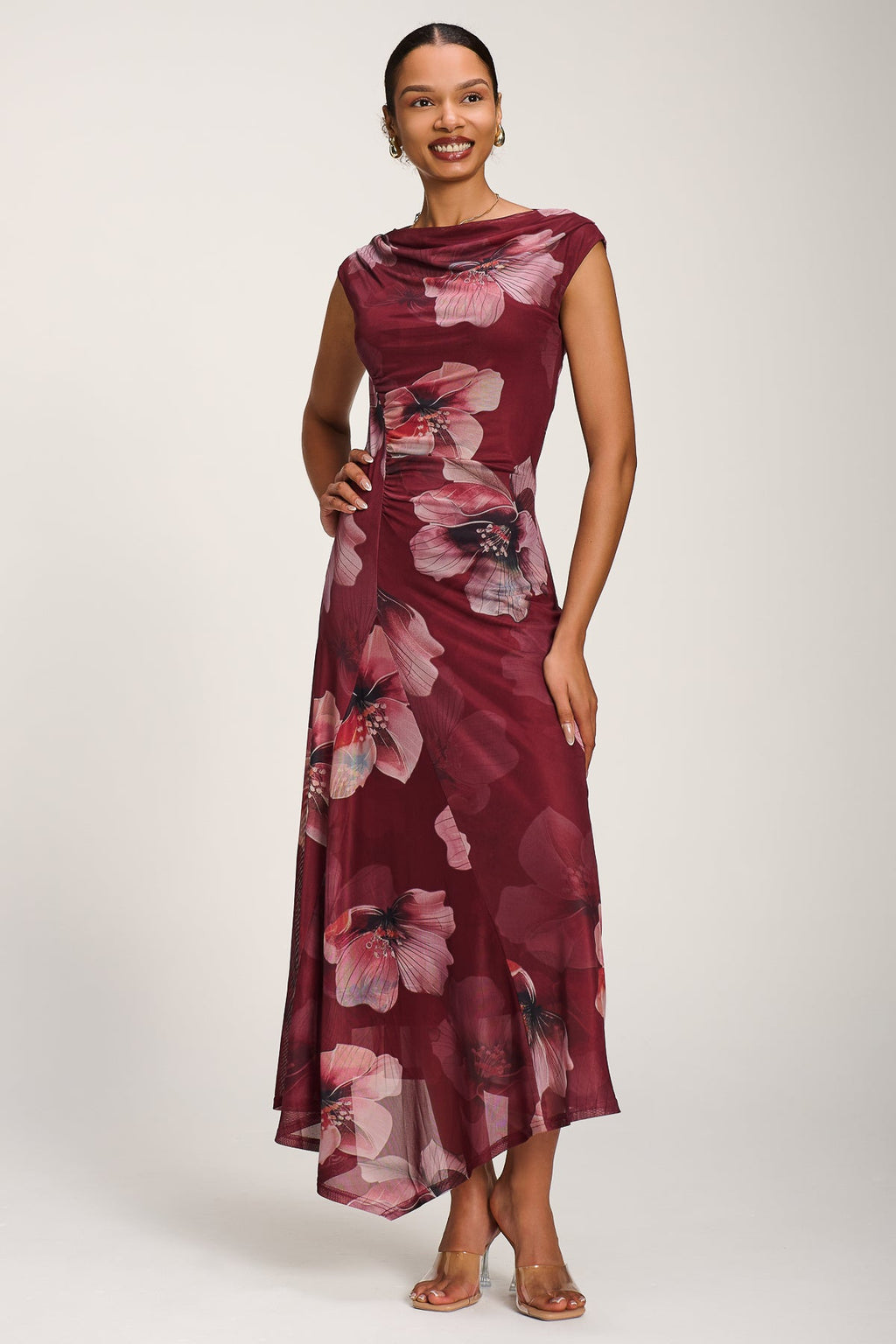 Asymmetric Draped Mesh Maxi Dress, Burgundy Floral for Women - gallery