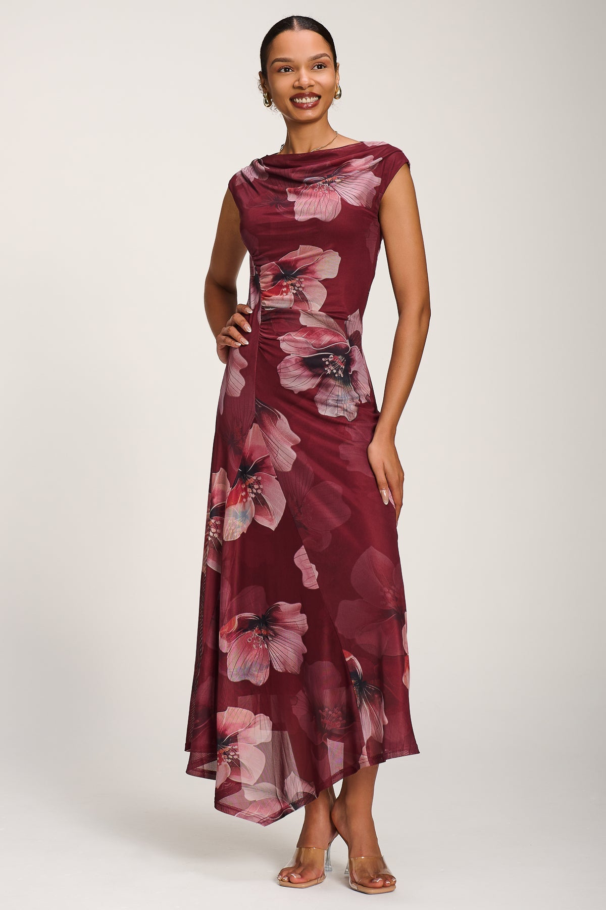 Asymmetric Draped Mesh Maxi Dress, Burgundy Floral for Women - gallery