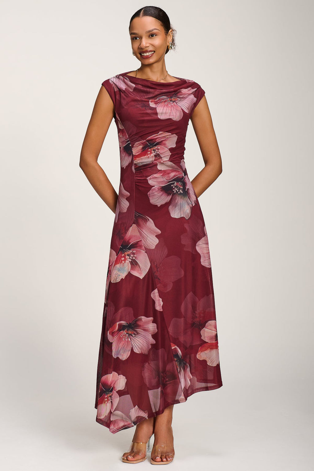 Asymmetric Draped Mesh Maxi Dress, Burgundy Floral for Women - gallery