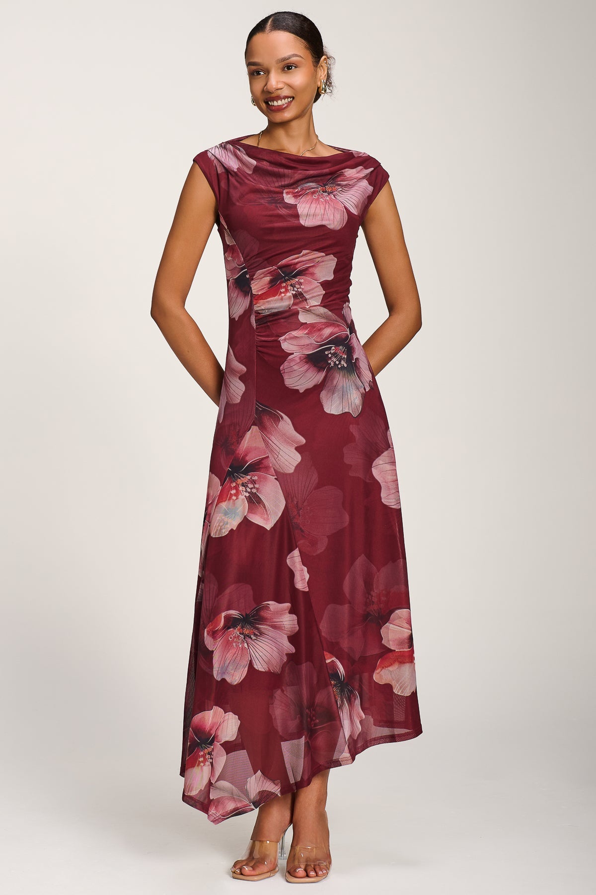 Asymmetric Draped Mesh Maxi Dress, Burgundy Floral for Women - gallery